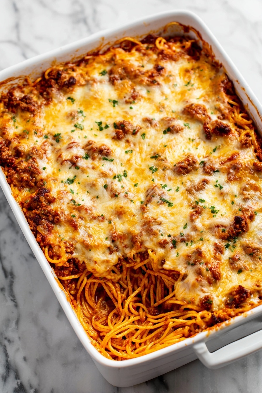 Easy Baked Spaghetti with Ground Beef and Cheesy Topping, baked spaghetti recipes, cheesy baked pasta, ground beef pasta bake, comfort food dinner ideas - A white rectangular baking dish filled with baked spaghetti pasta layered with a red tomato meat sauce and melted golden-brown cheese on top, sprinkled with small green herb bits, showing some browned spots where cheese is crispy; a portion has been served from one corner revealing orange-red spaghetti mixed with the sauce underneath the cheesy top layer, all placed on a white marbled surface photo taken with an iphone --ar 2:3 --v 7
