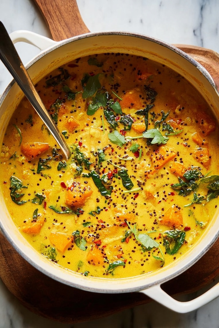 Ginger Sweet Potato and Coconut Milk Stew, Healthy Plant-Based Dinner, Nourishing Lentil and Kale Stew, Cozy Vegan Stew, Wholesome Fall Comfort Food - A white pot filled with a thick yellow curry soup layered with chunks of orange vegetables and green leafy herbs scattered on top, with black mustard seeds and red chili flakes sprinkled throughout. The curry has a creamy texture with visible herbs floating and some oil glistening on the surface. A long silver spoon is placed inside the pot resting with its handle sticking out. The pot sits on a white marbled surface with a wooden board partially underneath. Photo taken with an iphone --ar 2:3 --v 7