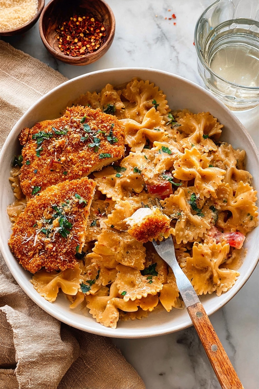 Southern Style Creamy Parmesan Chicken Pasta, creamy parmesan chicken pasta, Cajun chicken pasta, easy Southern chicken pasta, cheesy chicken pasta recipe - A white bowl filled with farfalle pasta coated in a creamy, light orange sauce mixed with small pieces of red tomato and green herbs scattered on top. On one side, there are two crispy breaded chicken pieces with golden brown crust, sprinkled with finely chopped green herbs and tiny bits of white cheese. A fork and a knife with wooden handles rest inside the bowl with a piece of chicken speared on the fork. The bowl is placed on a white marbled surface with a beige cloth nearby, and in the background, there is a small bowl of red chili flakes and a clear glass of water. photo taken with an iphone --ar 2:3 --v 7