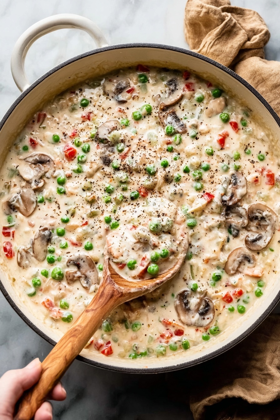 Classic Chicken a la King, Chicken a la King, creamy chicken dish, comforting chicken recipe, mushroom chicken dinner - A large white pan filled with a creamy mixture that has three visible layers: the base is a thick white sauce with small green peas scattered evenly, the middle layer is mixed with small pieces of red bell pepper, and the top layer has sliced brown mushrooms and a sprinkle of black pepper. A wooden spoon is scooping some of the creamy mix, and a woman's hand is holding the spoon. The pan is placed on a white marbled surface with a tan cloth nearby. Photo taken with an iphone --ar 2:3 --v 7