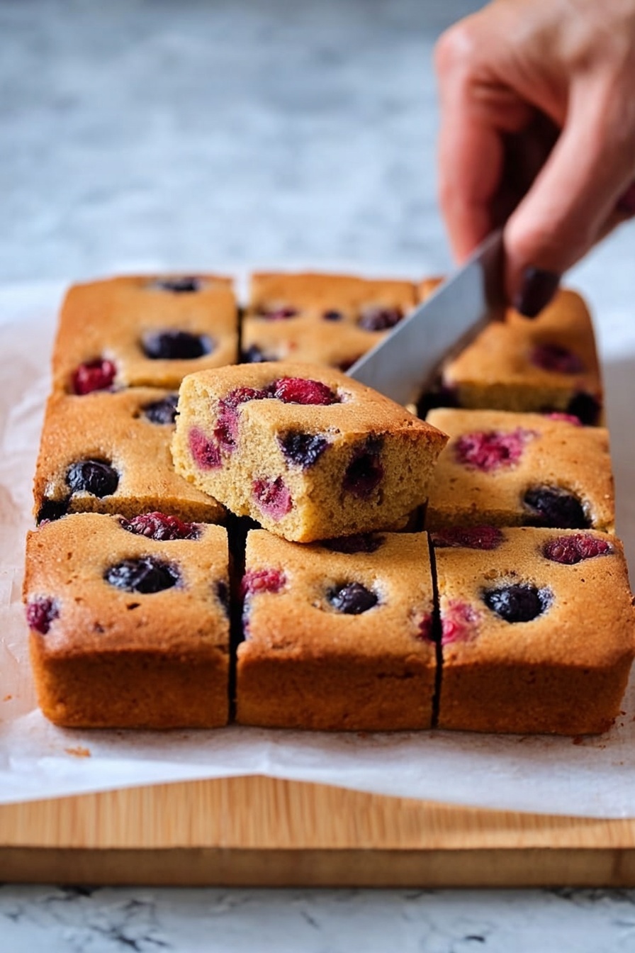 Berry Snack Cake Paleo Gluten-Free Easy Dessert Healthy Treats - A square, golden-brown cake with a slightly rough top layer containing blueberries and raspberries scattered evenly inside the cake. The cake is divided into nine equal squares, with a woman's hand holding a knife cutting one piece. The berries add pops of dark blue and red color within the soft, dense texture of the cake. The cake sits on white parchment paper placed on a light wooden board with a white marbled background. Photo taken with an iphone --ar 2:3 --v 7