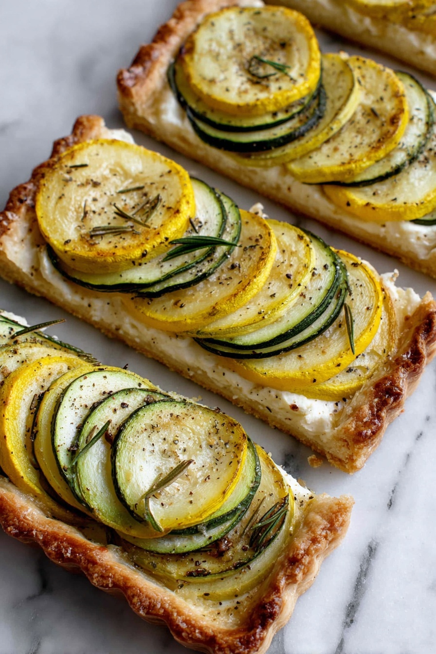 Zucchini and Yellow Squash Tart with Balsamic Drizzle, Summer Vegetable Tart, Easy Vegetable Tart Recipe, Savory Zucchini Tart, Balsamic Drizzle Tart - The image shows three long rectangular tart slices on a white marbled surface. Each tart has a golden-brown, crisp pastry crust base with a light cream-colored layer on top. On this creamy layer, there are overlapping thin round slices of green zucchini and yellow squash, alternating in color. The vegetable slices have slightly browned spots and are seasoned with black pepper and small rosemary leaves scattered on top. The edges of the pastry are raised and have a toasted texture, giving a crunchy look. photo taken with an iphone --ar 2:3 --v 7