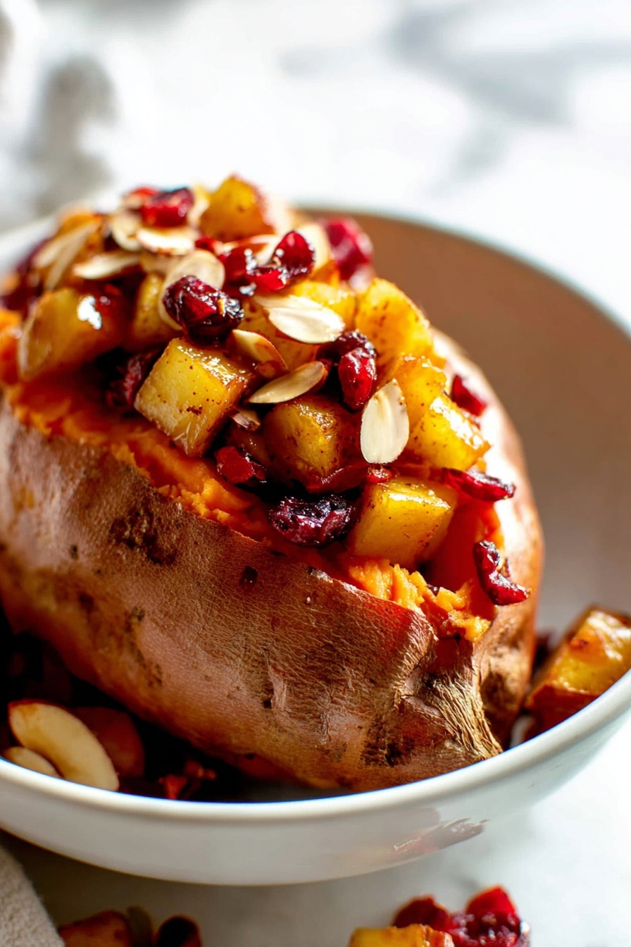 Cranberry Apple Twice-Baked Sweet Potatoes, baked sweet potato side dish, holiday sweet potato recipes, tangy cranberry sweet potatoes, easy autumn vegetable side - A baked sweet potato is placed in a white bowl on a white marbled surface, filled with small, caramelized golden apple pieces mixed with dark red dried cranberries and thin light brown almond slices. The sweet potato skin is rough and brownish-orange, and the soft, bright orange inside is visible under the fruit topping. Extra apple and cranberry pieces are scattered around the potato inside the bowl. The lighting highlights the glossy texture of the apples and the soft texture of the sweet potato, creating a warm, inviting look. photo taken with an iphone --ar 2:3 --v 7
