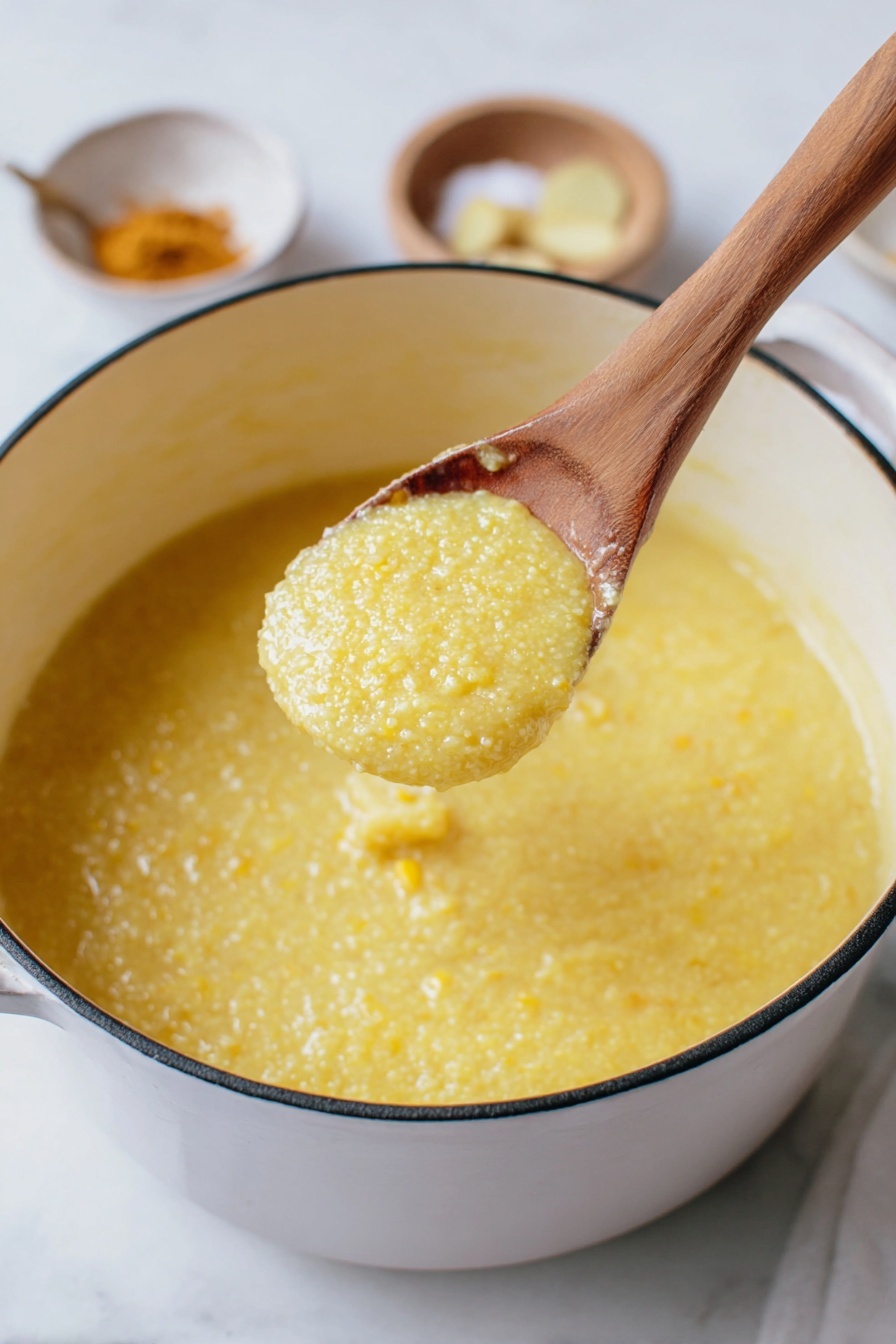 Creamy Polenta with Parmesan Cheese, creamy polenta recipe, cheesy polenta dish, Italian-style polenta, easy polenta side dish - A close-up view of a creamy yellow polenta served in a white speckled bowl, with a single green rosemary sprig garnish on top; the polenta looks smooth but with some texture and small lumps, with a slight shine from melted butter or oil. A gold spoon is lifting a spoonful of the thick polenta, showing its grainy, soft texture. The bowl rests on a white marbled surface, with a piece of light yellow cheese block and some green herbs nearby. Photo taken with an iphone --ar 2:3 --v 7