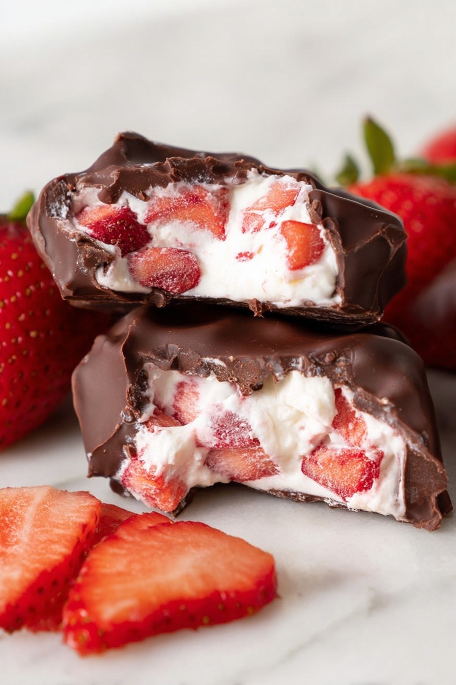 Chocolate Strawberry Yogurt Clusters, healthy snack ideas, no-bake dessert, easy fruit snacks, vegan-friendly treats - The image shows a white plate with five dark brown chocolate-covered treats that have a rough, bumpy surface. One of the treats is cut open, revealing three layers: a dark chocolate outer shell, a middle layer of white cream with visible red strawberry pieces, and some red strawberry bits inside the cream. Around the treats are fresh strawberry halves and small strawberry pieces adding a bright red color contrast. The plate is placed on a white marbled surface and the overall look is fresh, colorful, and inviting. Photo taken with an iphone --ar 2:3 --v 7