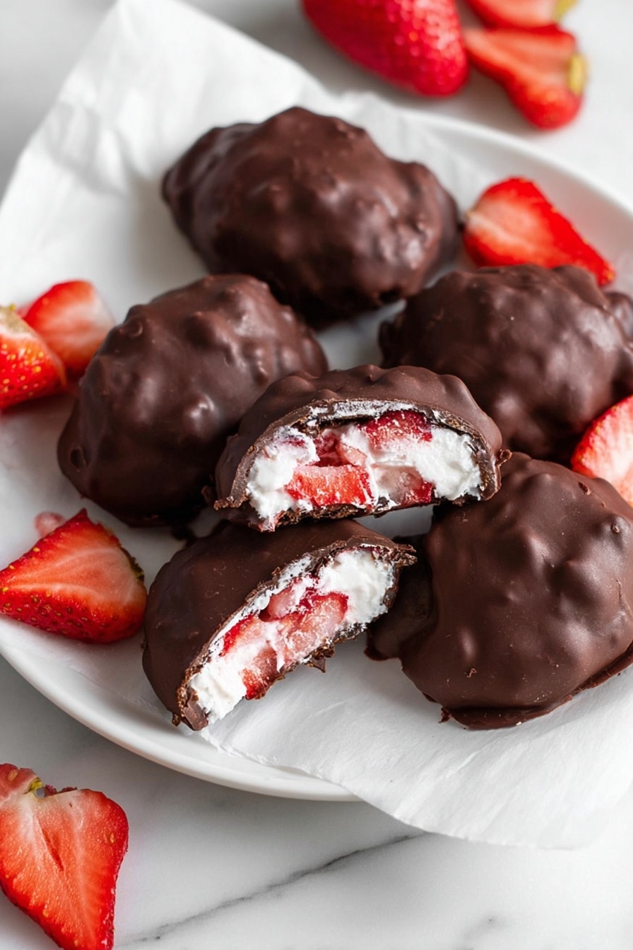 Chocolate Strawberry Yogurt Clusters, healthy snack ideas, no-bake dessert, easy fruit snacks, vegan-friendly treats - The image shows a close-up of two chocolate-covered treats, with one cut in half to reveal the inside layers. The outer layer is dark brown chocolate, smooth but slightly uneven in texture, fully coating the treat. Inside, there is a thick white creamy layer mixed with chunks of bright red strawberries scattered throughout, giving a fresh, fruity look. The strawberries’ red contrast vividly with the white cream and dark chocolate. Around the base, some sliced strawberries add extra color and freshness to the scene. All items rest on a white marbled surface, enhancing the colors of the treat. Photo taken with an iphone --ar 2:3 --v 7