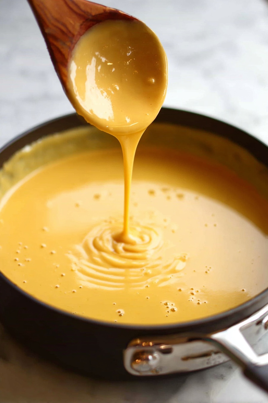 Vegan Beer Cheese, vegan beer cheese dip, plant-based beer cheese, dairy-free beer cheese recipe, vegan cheese sauces - A smooth, thick, golden yellow sauce is being poured from a wooden spoon above into a pot filled with the same creamy sauce. The sauce has a shiny, velvety texture with small bubbles on the surface, creating soft ripples where the liquid falls. The pot is dark with a metallic handle, resting on a white marbled surface. The background stays softly blurred to keep the focus on the rich sauce photo taken with an iphone --ar 2:3 --v 7