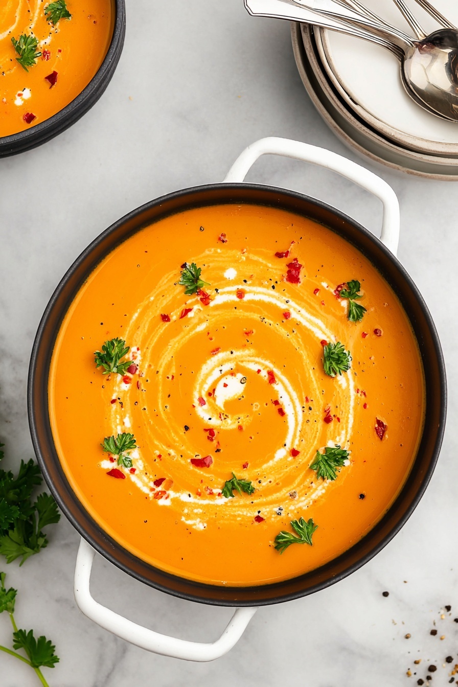 Roasted Red Pepper Gouda Soup, roasted red pepper soup, creamy red pepper soup, gouda cheese soup, easy roasted red pepper soup - The image shows a bowl of creamy orange soup served in a black bowl with white handles, placed on a white marbled surface. The soup has a smooth texture with a swirl of white cream on top, and small pieces of red pepper scattered throughout. Green parsley leaves are sprinkled over the soup, adding a fresh look. There are also tiny black pepper specks spread on the surface. To the top right, there is a stack of white bowls with two silver spoons resting on top. Photo taken with an iphone --ar 2:3 --v 7