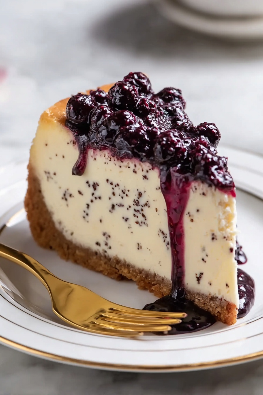 Mulberry & Earl Grey Cheesecake, Mulberry Earl Grey dessert, Earl Grey flavored cheesecake, elegant fruit cheesecake, unique berry cheesecake - A slice of cheesecake is placed on a white plate with thin black lines around the edge, set on a white marbled surface. The cheesecake has three clear layers: a thick golden-brown crumb crust at the bottom, a creamy white middle layer with small bits mixed in, and a shiny dark purple topping that drips down the sides. A small pool of the purple topping is on the plate near the slice. Part of a purple cloth and a white cup with a saucer are softly blurred in the background. Photo taken with an iphone --ar 2:3 --v 7