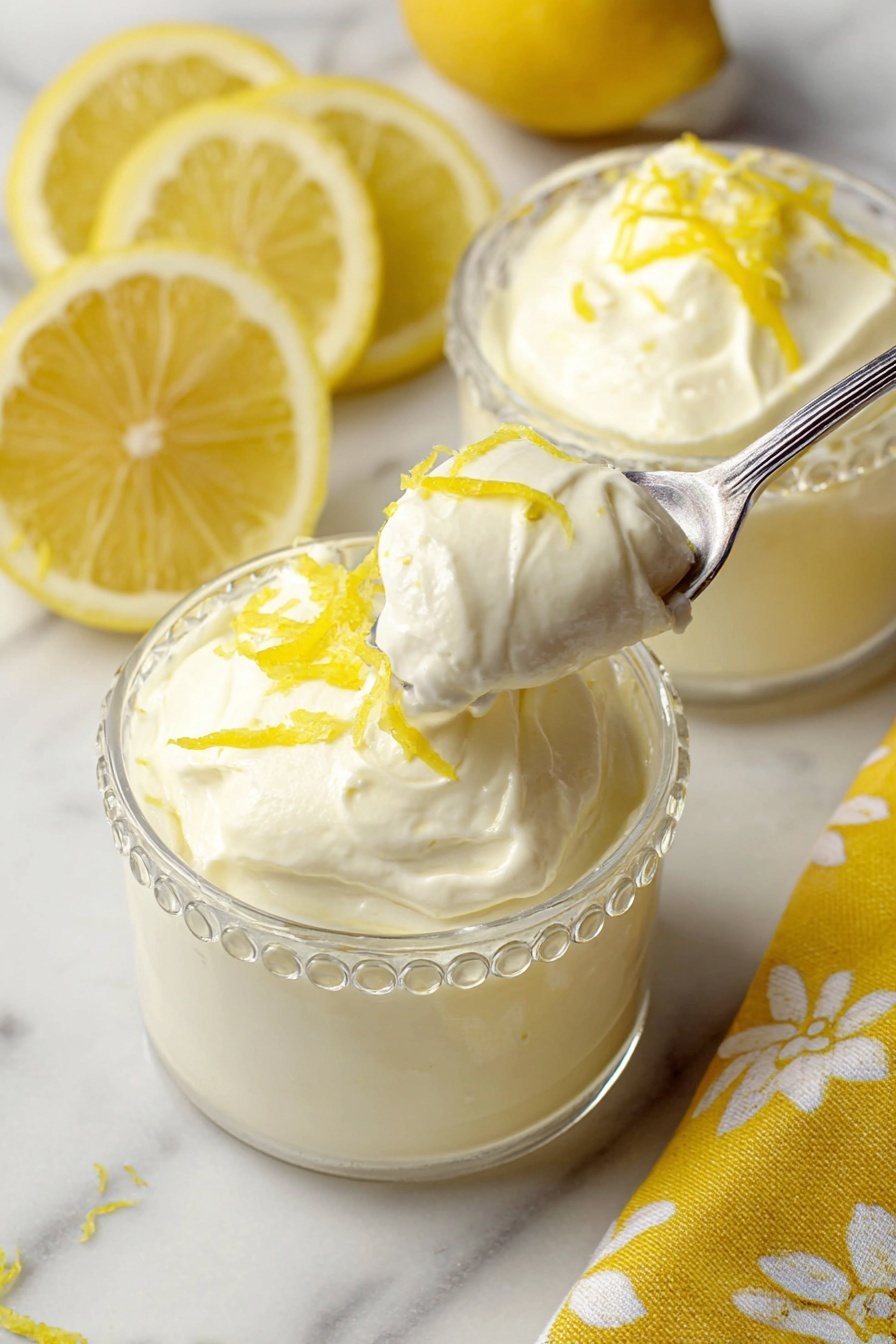 Lemon Mousse, Lemon Mousse Recipe, Easy Lemon Dessert, Refreshing Lemon Dessert, Light Dessert Recipes - The image shows two clear glass cups filled with a smooth, creamy white dessert topped with thin strips of yellow lemon zest. One cup is in the front, and a silver spoon is lifting some of the dessert from it, showing a thick, fluffy texture with lemon zest on top. The cups have a round bead-like design around the rim. The background features a folded yellow cloth with white floral patterns and slices of fresh lemon on a white marbled surface. Photo taken with an iphone --ar 2:3 --v 7