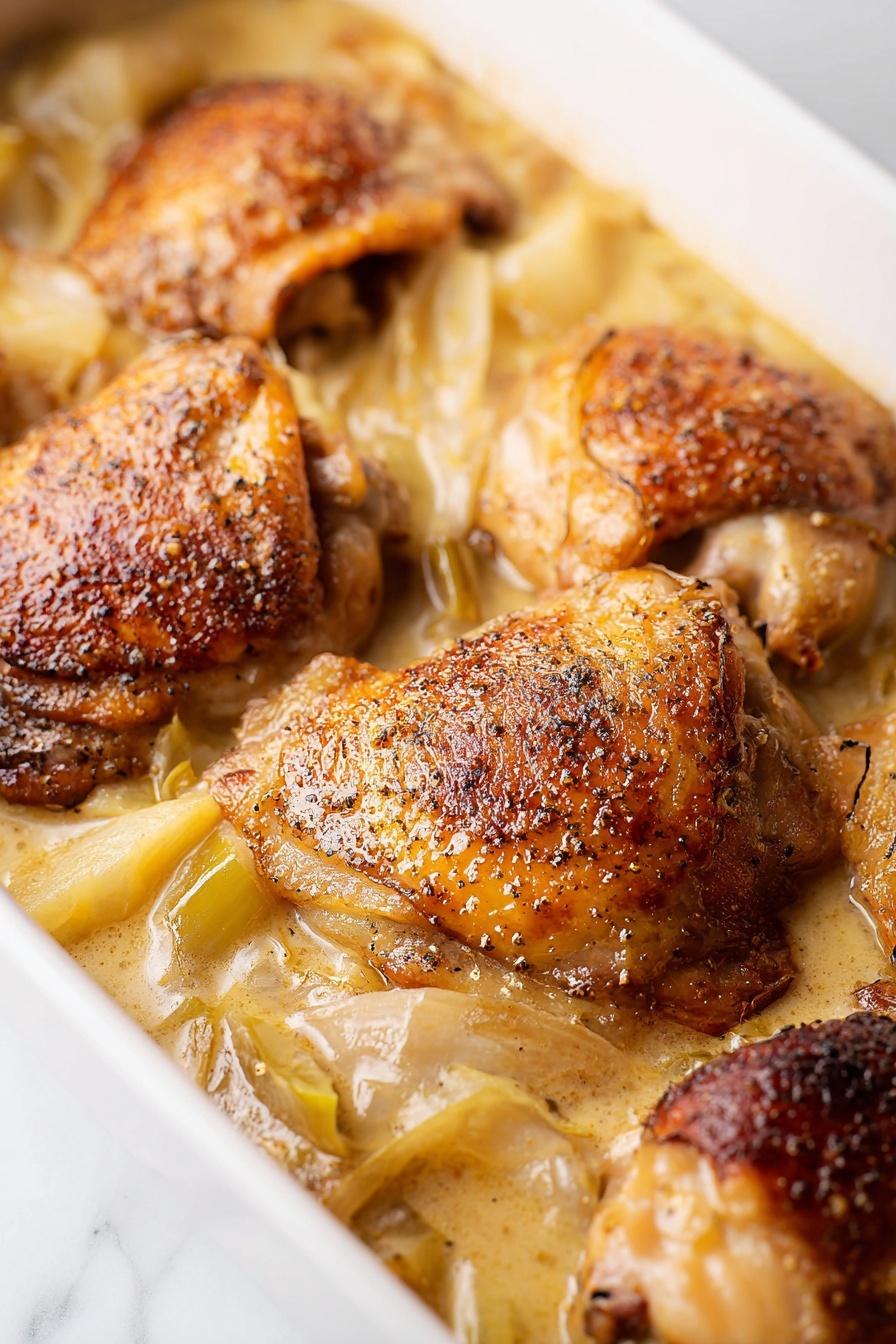 French Chicken Normandy, Chicken Normandy casserole, Normandy chicken recipe, French chicken dinner, apple cider chicken - The image shows a white rectangular dish filled with several pieces of cooked chicken thighs with crispy, browned skin on top. The chicken thighs are partially covered in a light creamy sauce that has pieces of cooked onions and leeks mixed in. The sauce has a smooth and slightly shiny texture, pooling around and between the chicken pieces. The dish sits on a white marbled surface giving a clean and bright look. The close-up view highlights the golden and slightly charred texture of the chicken skin with seasoning visible. Photo taken with an iphone --ar 2:3 --v 7