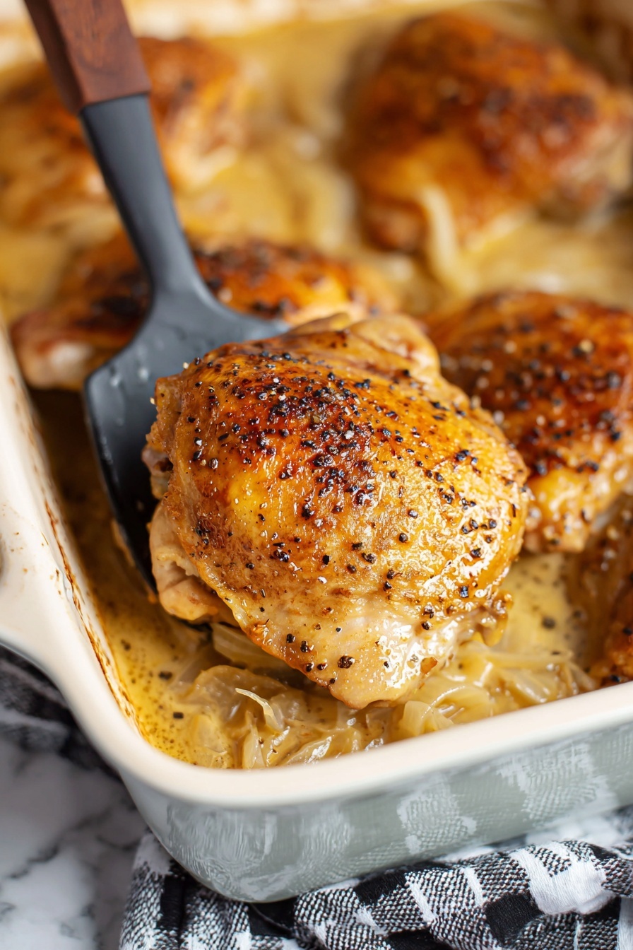 French Chicken Normandy, Chicken Normandy casserole, Normandy chicken recipe, French chicken dinner, apple cider chicken - A close-up view of a golden brown cooked chicken thigh with crispy skin sprinkled with black pepper, being lifted by a black spatula from a white casserole dish filled with creamy sauce and bits of cooked onions, all resting on a white marbled surface with a black and white checkered cloth under the dish, photo taken with an iphone --ar 2:3 --v 7