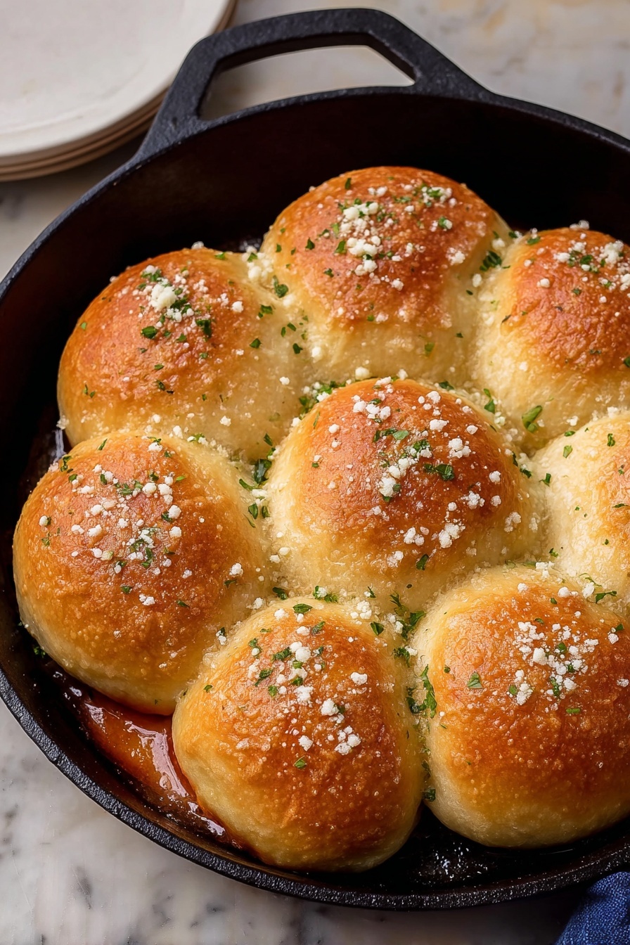 Delicious Homemade Pizza Balls, garlic butter pizza snacks, easy pizza bomb recipe, stuffed pizza bites, party appetizer ideas - A round black cast iron pan filled with eight golden brown dinner rolls arranged in a circle, all touching each other. The rolls have a shiny, slightly crispy top with small white bits of cheese sprinkled over them and tiny green herb pieces scattered around. The pan rests on a white marbled surface, and part of a white dish is visible on the side. Photo taken with an iphone --ar 2:3 --v 7