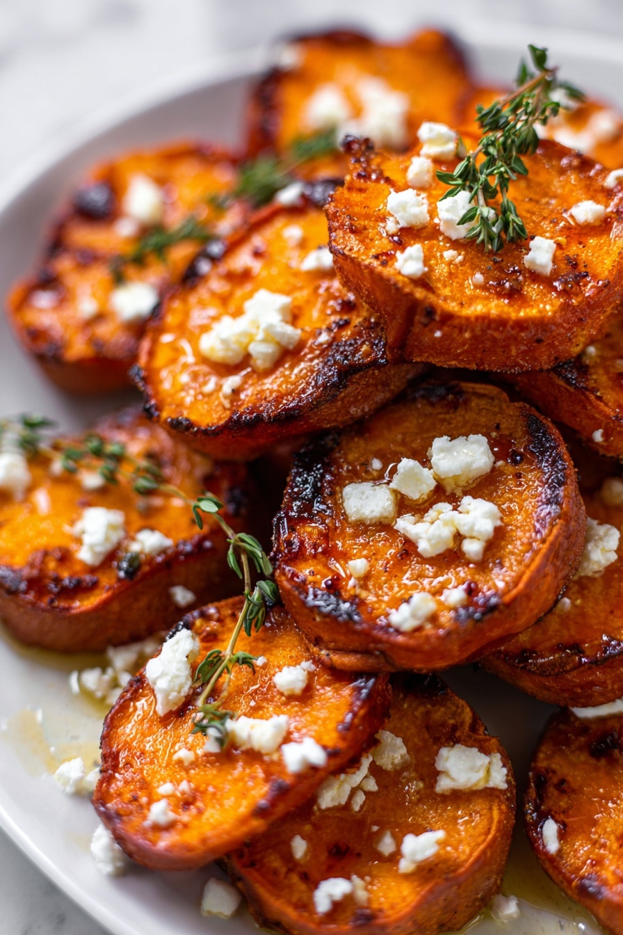 Roasted Sweet Potato Rounds with Honey and Feta, roasted sweet potato snack, sweet potato appetizer, honey feta sweet potato, savory sweet potato bites - The image shows a close-up of thick round slices of roasted sweet potatoes, stacked in a pile on a white plate over a white marbled surface. Each sweet potato slice has a crispy, browned edge with a vibrant orange interior that looks tender and juicy. The slices are topped with small crumbles of white cheese scattered unevenly across them, adding a soft texture contrast. A few sprigs of fresh green thyme sit on top of the slices, adding a touch of color and freshness. There is also a light drizzle of a glossy, golden syrup over the slices, giving them a moist and shiny look. Photo taken with an iphone --ar 2:3 --v 7