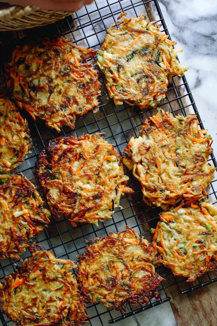 Cabbage Fritters, Cabbage Fritters Recipe, savory cabbage fritters, crispy cabbage fritters, easy vegetable fritters - The image shows a cooling rack filled with several golden brown vegetable pancakes, round but slightly uneven in shape. Each pancake has a mix of thinly shredded vegetables, mainly orange carrot strips and pale yellow cabbage, speckled with small green pieces likely herbs or scallions. The pancakes have a crispy texture with browned edges and a chewy-looking center, resting on a wire rack above a white marbled surface. The warm golden color contrasts with the wire rack’s dark grid, and a woman's hand is partly visible near the top right corner, suggesting the pancakes are freshly made. Photo taken with an iphone --ar 2:3 --v 7