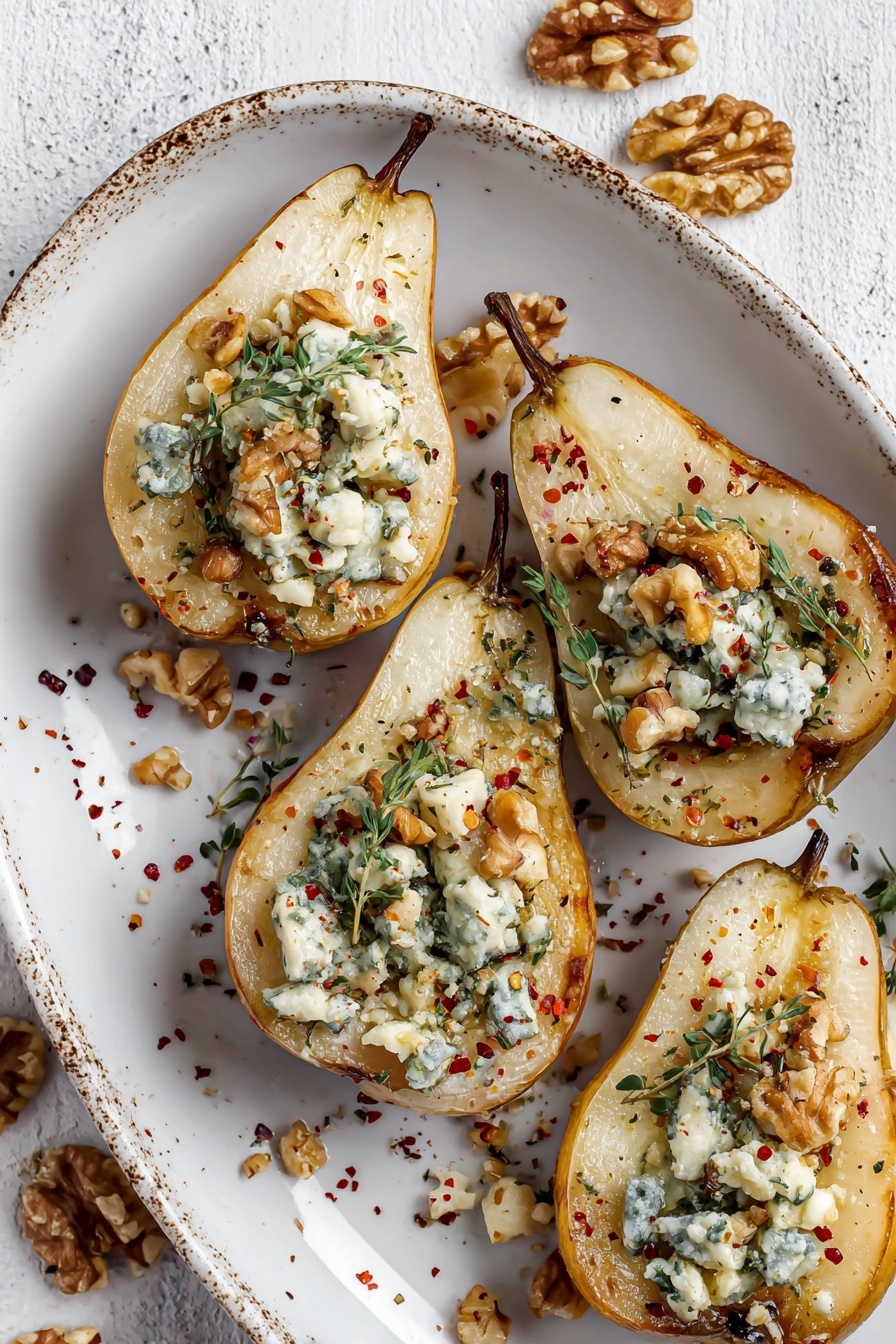 Blue Cheese Stuffed Pears, stuffed pears with blue cheese, elegant pear appetizer, sweet and savory pear recipes, easy blue cheese appetizer - The image shows four halved baked pears on a white plate with brown speckles. Each pear half is topped with crumbled blue cheese, chopped walnuts, and small green herbs, likely thyme. Red pepper flakes and black pepper are sprinkled on both the pears and the plate, adding specks of red and black. The pears have a light golden-brown edge where they were baked, and their soft texture is visible. The plate is placed on a white marbled surface, with some walnut pieces scattered nearby. Photo taken with an iphone --ar 2:3 --v 7
