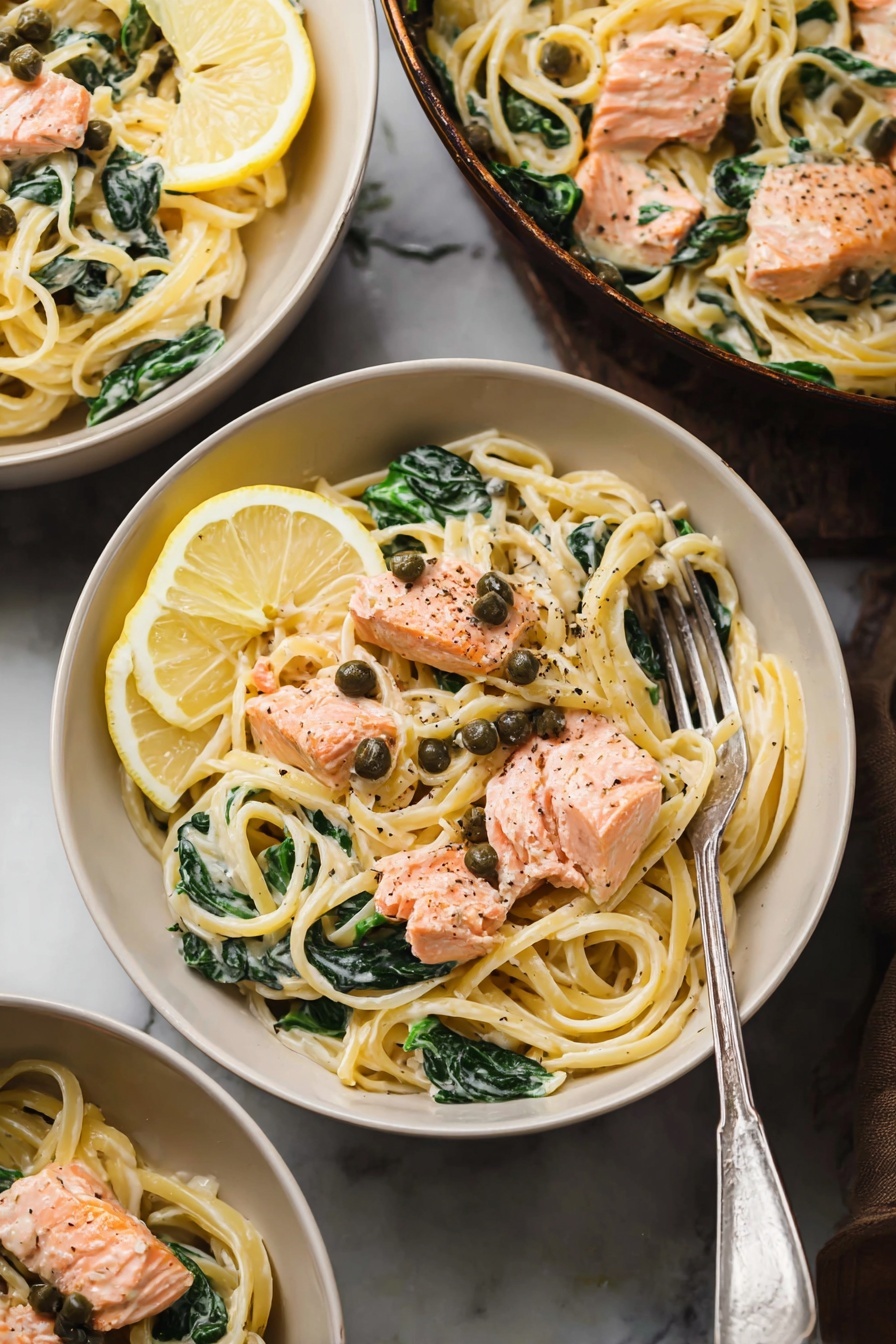Creamy Salmon Pasta with Spinach, Creamy Salmon Pasta, Salmon Pasta recipes, Spinach pasta dishes, Easy seafood pasta - A white bowl holds a creamy pasta dish with three layers visible: at the bottom, long, pale yellow noodles form a tangled base; the middle layer has dark green spinach leaves mixed through the noodles; the top layer shows several pink cooked salmon chunks sprinkled with black pepper and small dark capers, accompanied by two thin lemon slices on the edge. A silver fork rests inside the bowl. This bowl is set on a white marbled surface, with parts of two other bowls with the same dish seen in the background. Photo taken with an iphone --ar 2:3 --v 7