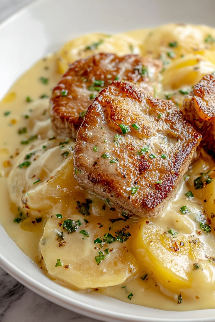 Smothered Pork Chops with Scalloped Potatoes, hearty pork chop dinner, creamy scalloped potatoes recipe, comforting pork chop casserole, easy one-pot pork recipe - The dish shows two pieces of brown, seared pork placed on top of a creamy, light yellow sauce that covers thin, round slices of potatoes. The sauce looks rich and smooth, spreading across the white plate with a slight shine. The pork and potatoes are sprinkled with small green herb pieces, adding a fresh touch. The pork has a slightly crispy and browned surface with visible seasoning. The white plate sits on a white marbled surface. photo taken with an iphone --ar 2:3 --v 7