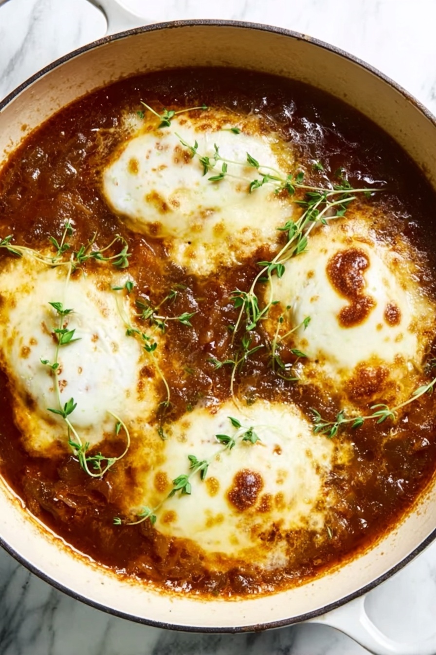 French Onion Chicken Bake, easy chicken dinner, comforting chicken recipes, caramelized onion chicken, baked chicken with cheese - A close-up view of a round, white enamel pan filled with a rich brown sauce topped with four large, uneven oval pieces of melted cheese that have light brown spots where they are toasted. Small green herb sprigs are scattered gently on the cheese and sauce, adding a fresh touch. The sauce has a thick texture with visible chunks, giving the dish a hearty look. The pan sits on a white marbled surface. Photo taken with an iphone --ar 2:3 --v 7