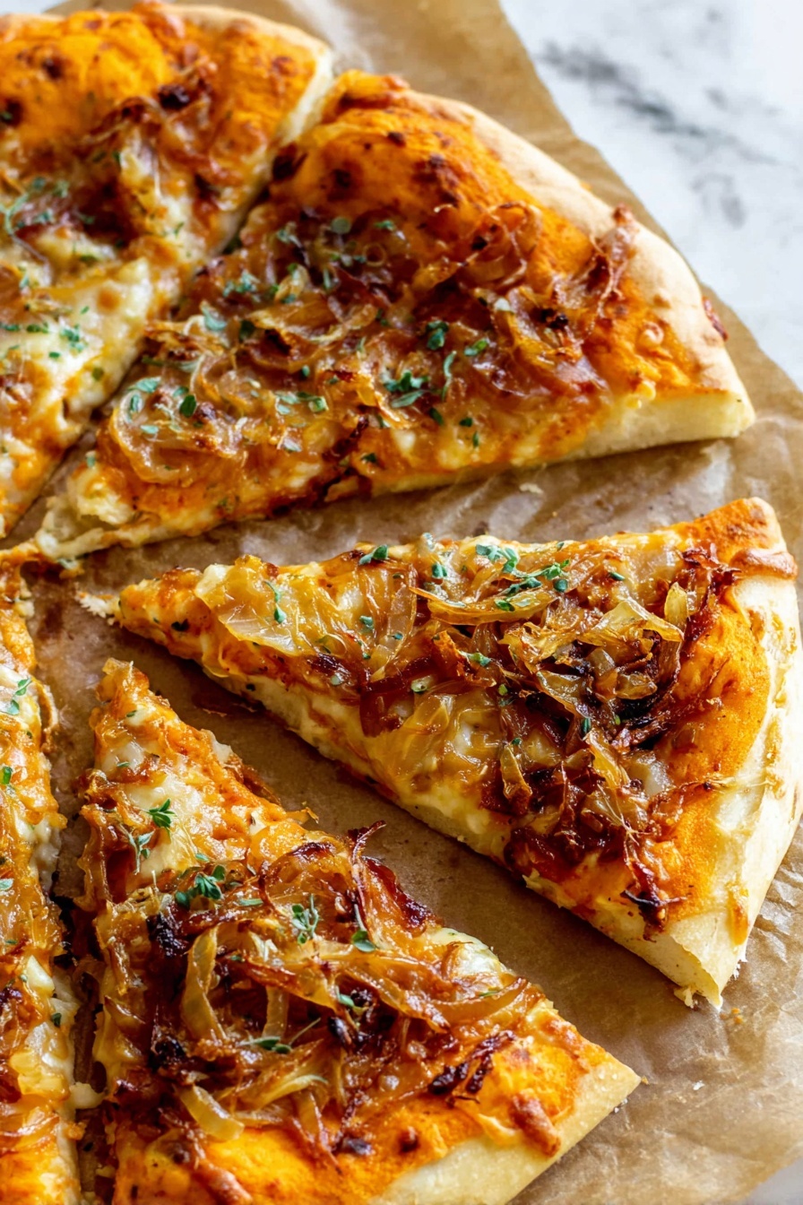 Pumpkin Gouda Pizza with Caramelized Onions, Pumpkin Gouda Pizza, Fall Pizza Recipes, Gourmet Pizza Ideas, Cozy Pumpkin Pizza - The image shows four slices of pizza on brown parchment paper over a white marbled surface. The pizza has a thick, light golden crust. The first layer is a bright orange sauce spread unevenly on the dough, topped by a layer of melted cheese with golden brown spots. On top of the cheese, there is a generous amount of caramelized onions that are light golden and slightly charred in places, scattered across the slices. Small green herb bits are sprinkled over the pizza, adding a fresh touch. The close-up shot highlights the textures and colors of the toppings clearly. Photo taken with an iphone --ar 2:3 --v 7