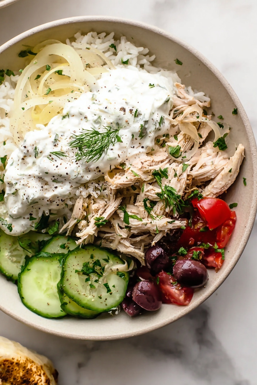 Slow Cooker Greek Chicken, Greek chicken recipe, easy Greek chicken, Mediterranean chicken dinner, healthy slow cooker chicken - The dish is served in a white bowl placed on a white marbled surface. The base layer is fluffy white rice, slightly visible under other ingredients. On one side, there are shredded pieces of light brown chicken mixed with translucent sautéed onions. Next to the chicken is a dollop of white creamy sauce with green dill on top. Thin cucumber slices with dark purple olives and small red tomato pieces fill the next section, adding fresh color. The whole bowl is sprinkled with finely chopped green herbs and a little black pepper. Photo taken with an iphone --ar 2:3 --v 7