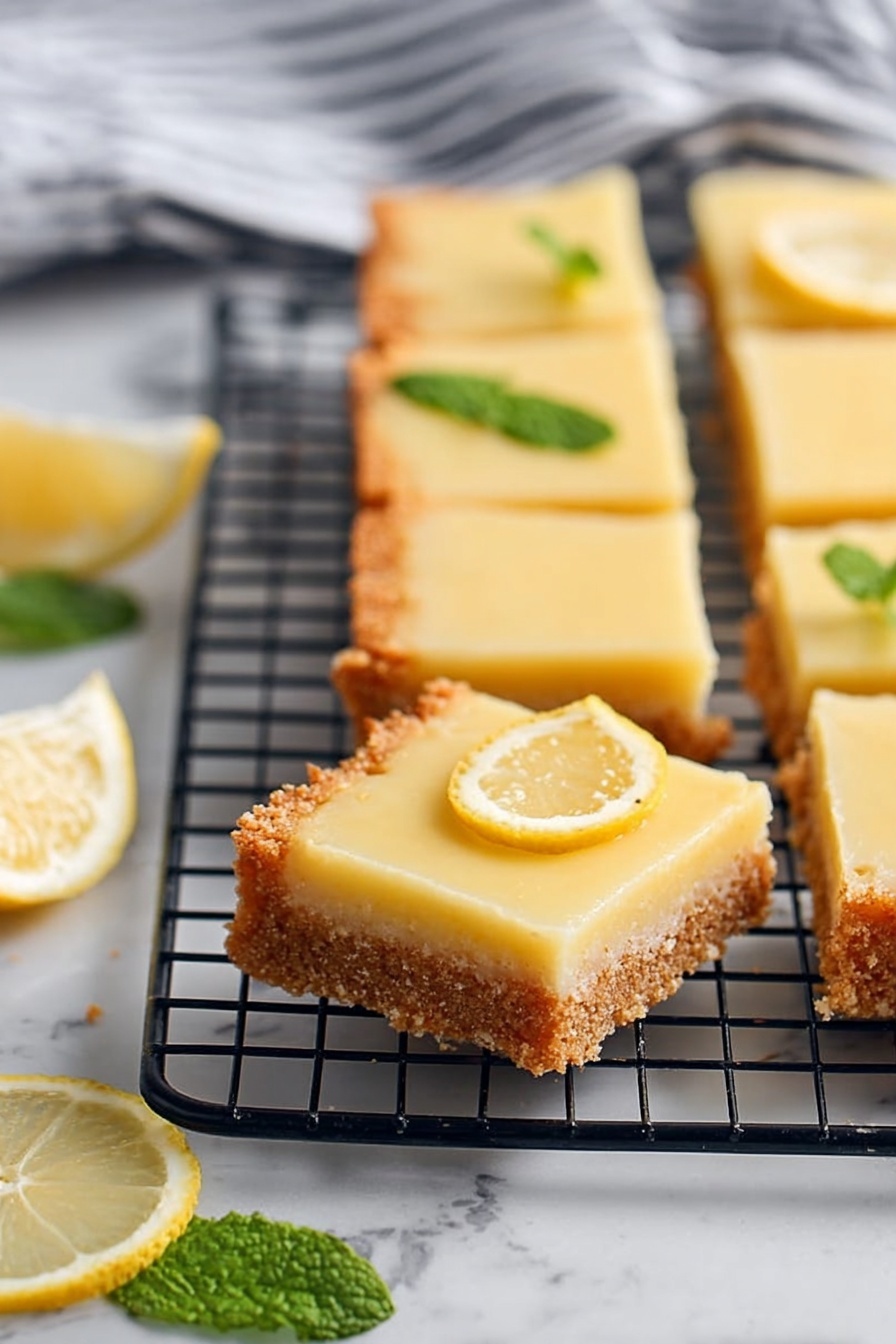 Creamy Lemon Squares, lemon bars with creamy filling, tangy lemon dessert, easy lemon dessert recipe, citrus lemon squares - The image shows a set of square lemon bars arranged in three rows on a black metal cooling rack placed over a white marbled surface. Each lemon bar has two layers: the bottom layer is a thick, crumbly, golden-brown crust that forms a raised edge around the dessert, and the top layer is a smooth, pale yellow lemon filling with a silky texture. Around the lemon bars, there are lemon slices and green mint leaves adding a fresh touch. The background includes a striped cloth that is slightly out of focus. Photo taken with an iphone --ar 2:3 --v 7