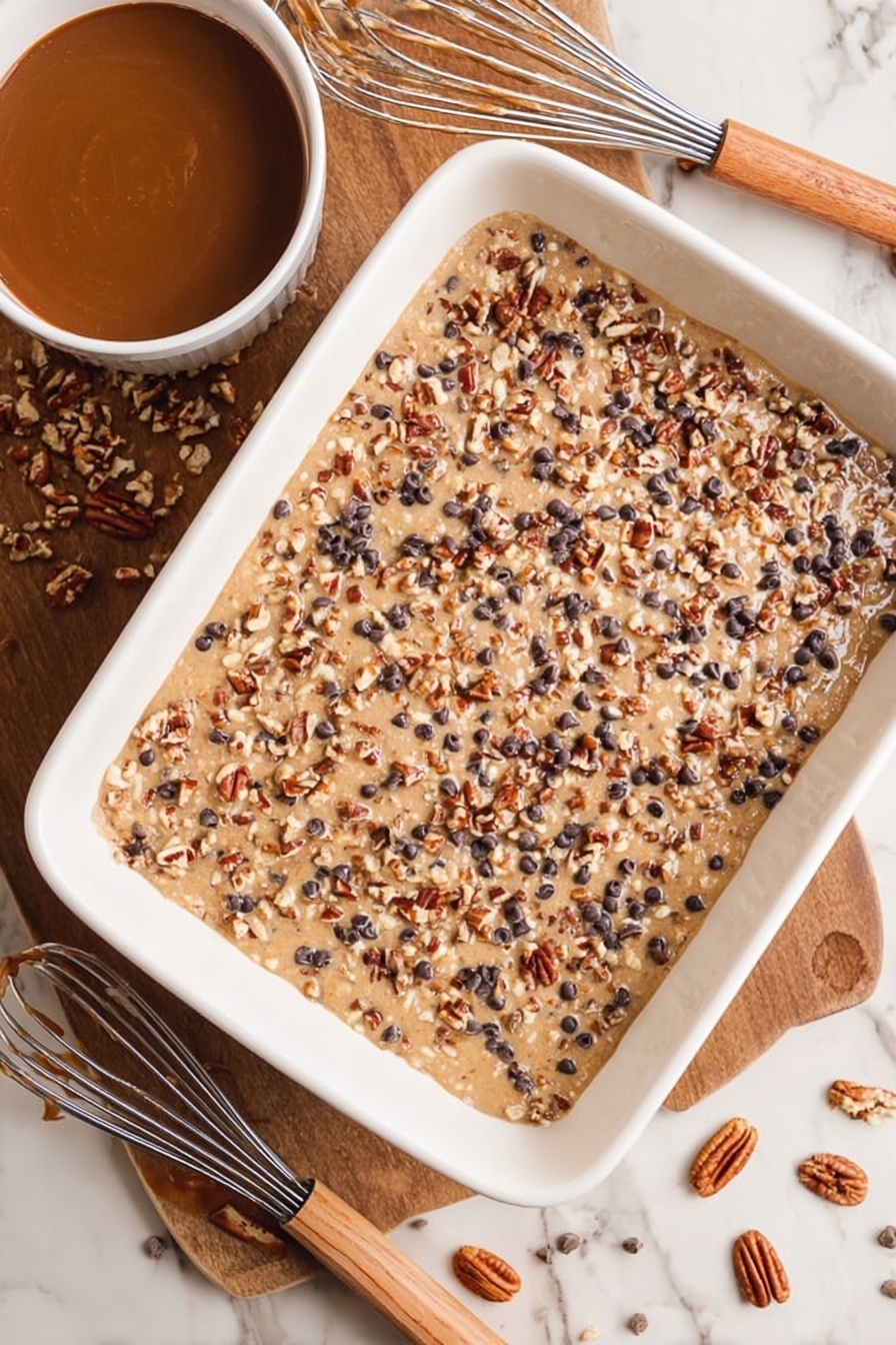 German Chocolate Poke Cake, chocolate poke cake, coconut pecan frosting cake, easy German chocolate cake, decadent poke cake dessert - A white baking dish filled with a light brown batter, spread evenly, and topped with a mix of small chopped nuts, dark chocolate chips, and seeds, creating a textured and colorful top layer. To the left of the dish is a white bowl with a thick brown sauce sticking to the sides, and below on the wooden surface is a whisk with a wooden handle and a few scattered nuts around it. The background is a white marbled texture. Photo taken with an iphone --ar 2:3 --v 7