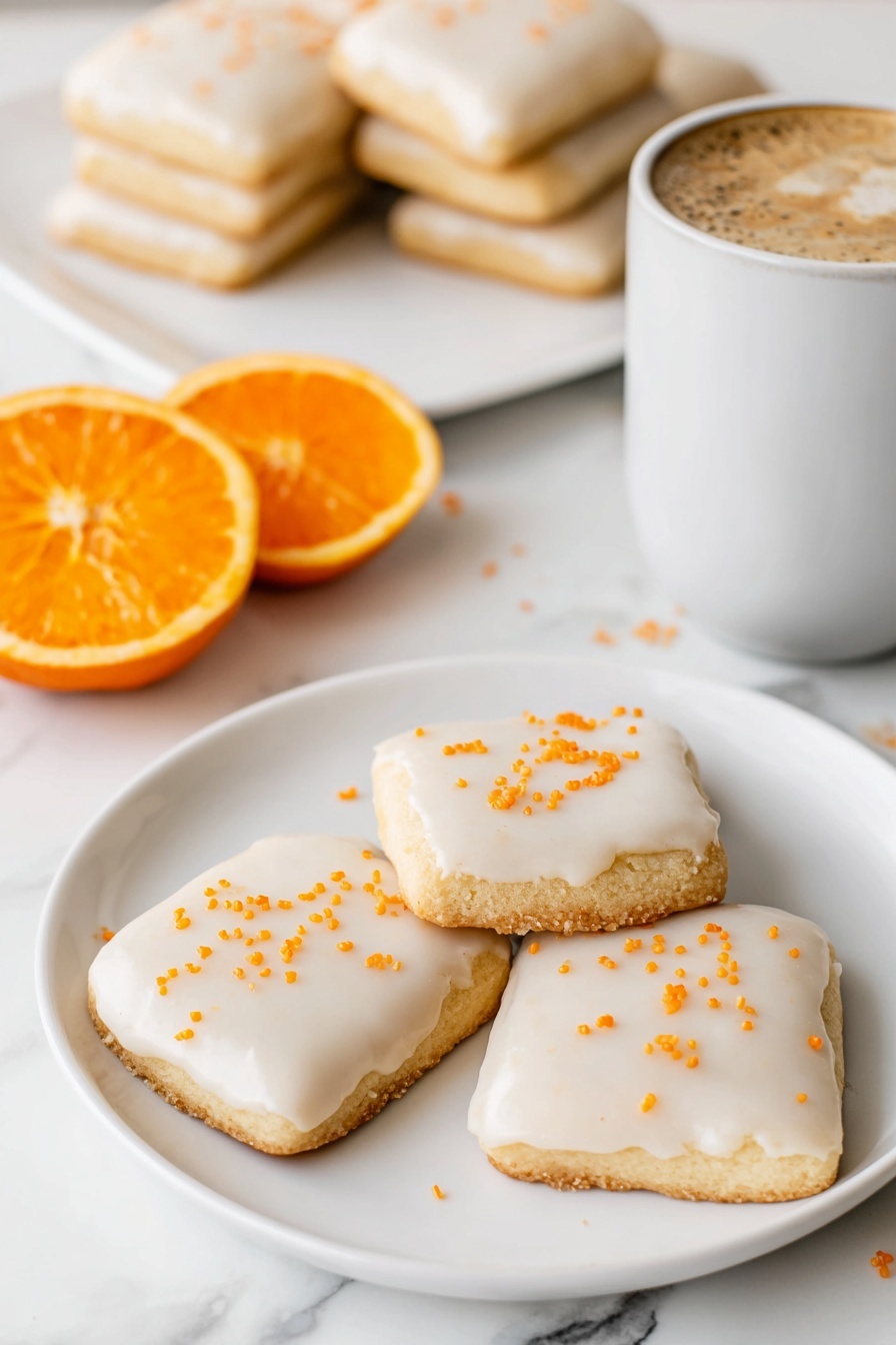 Cardamom Shortbread Cookies with Orange Glaze, aromatic shortbread cookies, orange glazed shortbread, festive holiday cookies, buttery spice cookies - The image shows a stack of four square cookies with smooth white icing on top, slightly dripping down the sides. The cookies are light golden brown with a crumbly texture. The top cookie has small orange zest pieces sprinkled on its icing. Around the stack, there are other similar white-iced square cookies lying flat on a white marbled surface. The background is softly blurred with warm, light bokeh. photo taken with an iphone --ar 2:3 --v 7