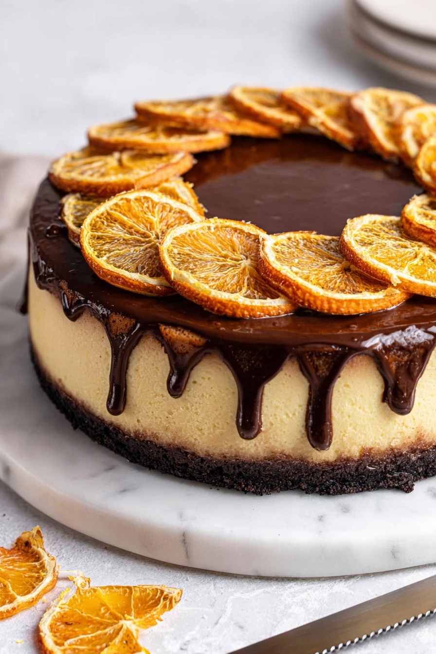 Chocolate Orange Cheesecake, chocolate orange dessert, citrus cheesecake, easy cheesecake recipes, decadent chocolate cheesecake - The image shows a round cheesecake with three layers, placed on a white marbled surface. The bottom layer is a dark, crumbly crust. The middle layer is a thick, creamy pale yellow cheesecake with a smooth texture. The top layer is a glossy dark chocolate glaze that gently drips down the sides. On top of the cheesecake, there are evenly spaced dried orange slices standing upright in a circle around the edge. A serrated knife lies beside the cheesecake on the white marble. Photo taken with an iphone --ar 2:3 --v 7