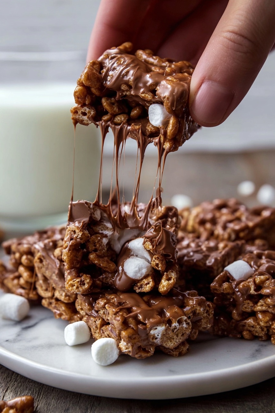 Golden Grahams s'mores bars, s'mores dessert bars, campfire s'mores treats, easy s'mores bars, no-bake cereal bars - A close-up of a woman's hand holding a piece of chocolate treat made with square cereal pieces and small white marshmallows, all coated and stuck together with melted chocolate that looks sticky and stretchy, showing strings of chocolate pulling as the treat is being broken. In the background, part of a white plate with more pieces of the treat and a glass of milk can be seen on a white marbled surface. photo taken with an iphone --ar 2:3 --v 7