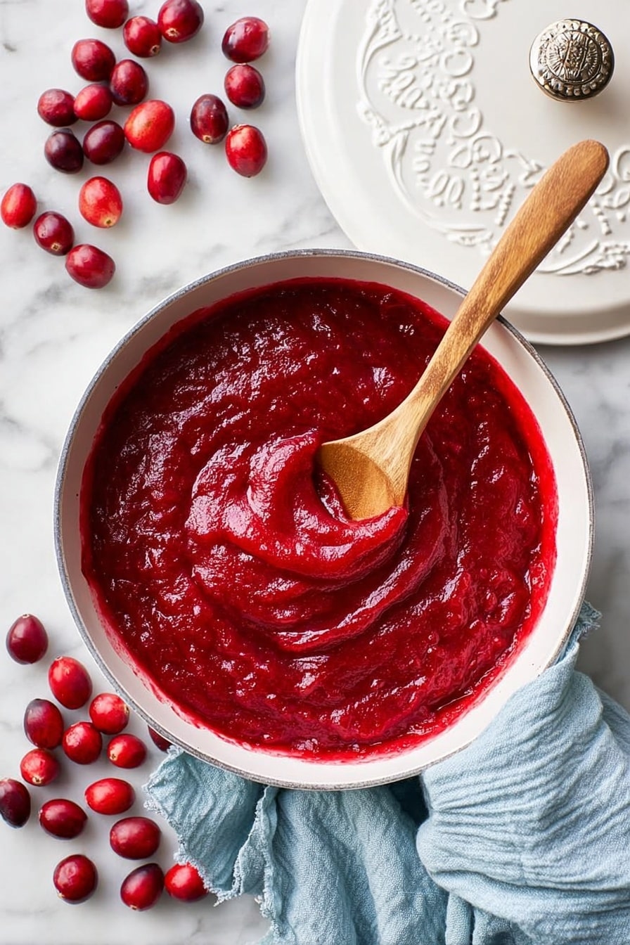 Sweet and Tangy Cranberry Sauce with Maple and Orange Zest, holiday cranberry sauce, homemade cranberry sauce recipe, fresh orange cranberry sauce, easy cranberry sauce - A white pan filled with thick, bright red cranberry sauce that has a slightly chunky texture, with a wooden spoon partially dipped into the sauce twisting it into a small swirl at the center. Fresh red cranberries are scattered on the white marbled surface around the pan. A light blue cloth is casually wrapped around the pan handle, and the white lid of the pan is placed nearby with an embossed pattern and metal knob. Photo taken with an iphone --ar 2:3 --v 7