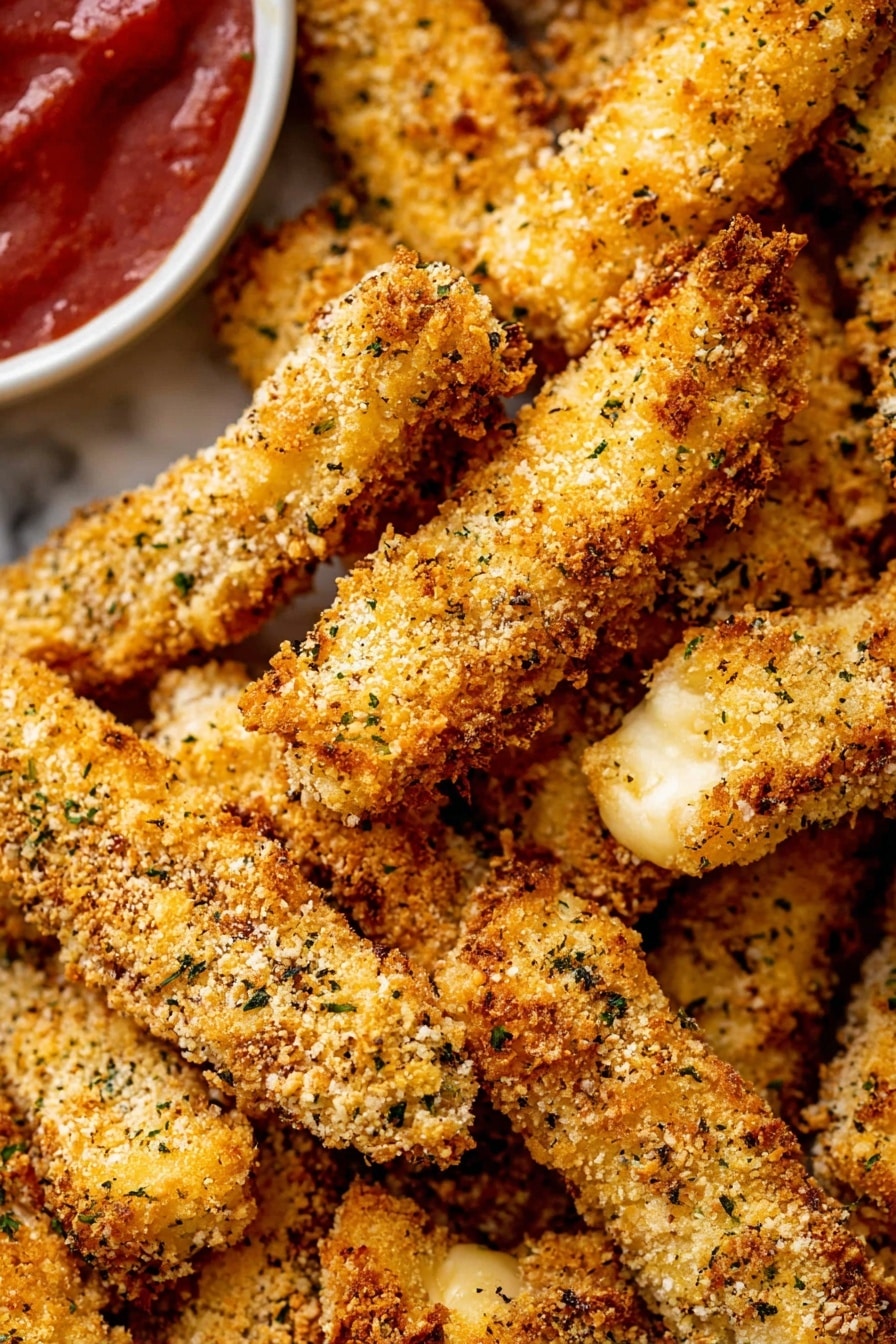 Baked Mozzarella Sticks, cheesy baked mozzarella sticks, crispy baked mozzarella sticks, oven-baked mozzarella sticks, homemade mozzarella sticks - The image shows many crispy coated sticks piled together, each stick having a rough and crunchy light golden-brown outside with green herb specks visible in the coating. The coating looks crumbly and textured with some parts more browned than others. The sticks are resting closely together, filling the frame with a few parts showing a creamy melted layer inside the sticks. In the bottom left, part of a round white bowl with a red sauce inside is visible. The background has a white marbled texture. photo taken with an iphone --ar 2:3 --v 7