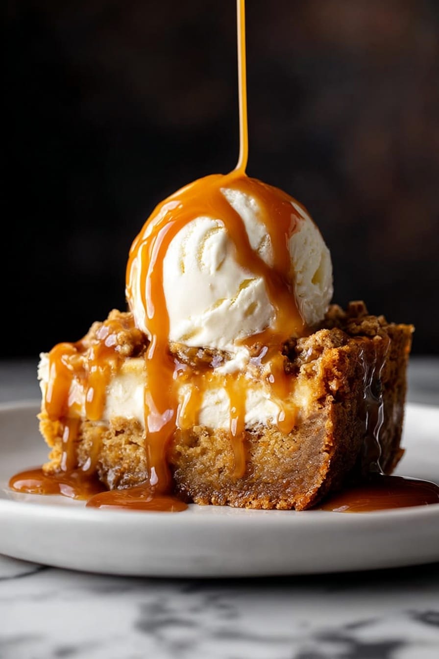 Pumpkin Dump Cake, easy pumpkin dessert, fall dessert recipes, quick pumpkin cake, pumpkin comfort food - A slice of golden brown dessert with a crumbly textured base layer topped by a soft, slightly moist middle layer, with a large round scoop of creamy white ice cream on top, covered with thick caramel sauce dripping down the ice cream and sides of the dessert slice, all served on a white plate against a dark blurred background with a white marbled surface below photo taken with an iphone --ar 2:3 --v 7