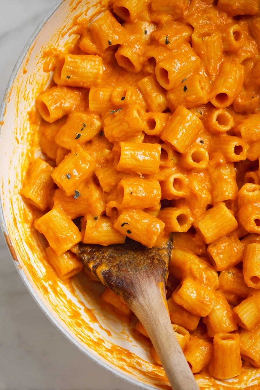 Roasted Pumpkin and Garlic Pasta, roasted pumpkin pasta, pumpkin garlic pasta, comforting pumpkin pasta dish, easy fall pasta recipes - The image shows a close-up of a white bowl filled with small tube-shaped pasta coated in a thick, bright orange sauce. The sauce has a smooth but slightly textured look, clinging well to each pasta piece. Dark tiny herb bits are scattered throughout, adding small flecks of greenish-black contrast. A wooden spoon with a round hole near its handle is partly submerged in the pasta, also covered in the orange sauce, while some sauce smudges are visible on the clean white inside surface of the bowl. The background is a white marbled texture. Photo taken with an iphone --ar 2:3 --v 7