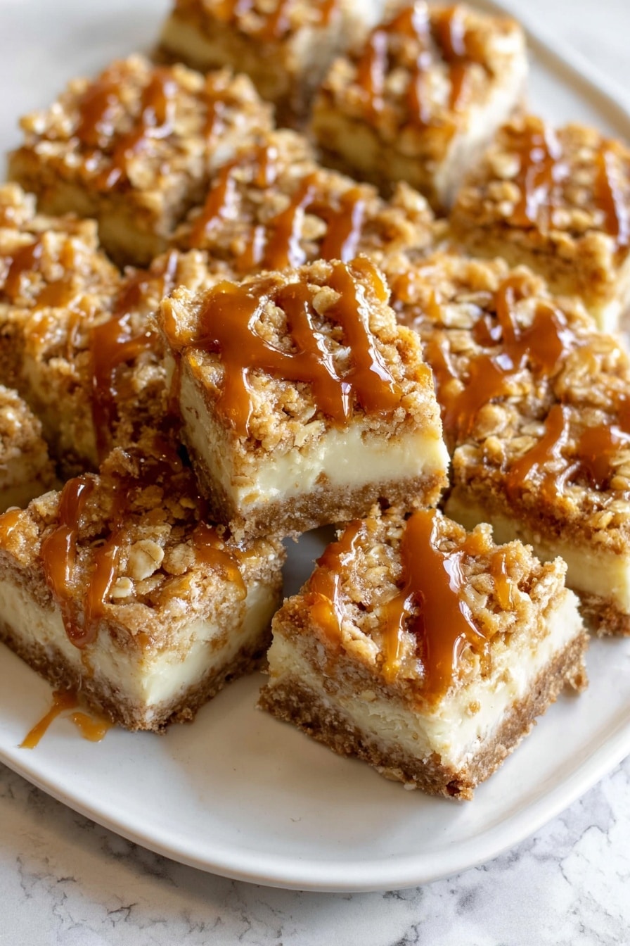 Caramel Apple Cheesecake Bars, caramel apple dessert, fall dessert recipes, apple cheesecake bars, easy cheesecake bar recipe - The image shows a close-up of a white plate filled with square pieces of a crumbly dessert bar. Each piece has three visible layers: a light brown base, a creamy middle layer, and a golden, crumbly top layer with oats mixed in. The top is drizzled with a glossy caramel sauce. The pieces are arranged close together and the plate is set on a white marbled surface. Photo taken with an iphone --ar 2:3 --v 7
