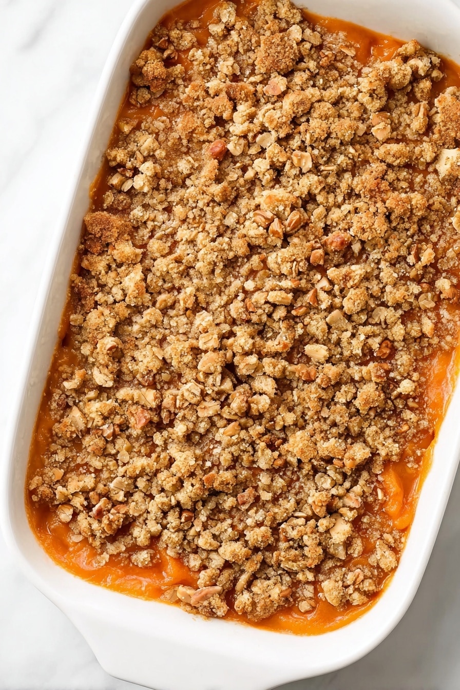 Vegan Sweet Potato Casserole with Pecan Topping, vegan sweet potato casserole, plant-based sweet potato bake, vegan holiday casserole, dairy-free sweet potato dish - The image shows a white rectangular casserole dish filled with a dessert made of two visible layers. The bottom layer is smooth and orange, likely a sweet potato or pumpkin filling, with a glossy texture. The top layer is a crumbly, golden brown streusel with rough chunks and pieces of nuts mixed throughout, creating an uneven crunchy texture that covers the entire surface. The dish sits on a white marbled background. photo taken with an iphone --ar 2:3 --v 7