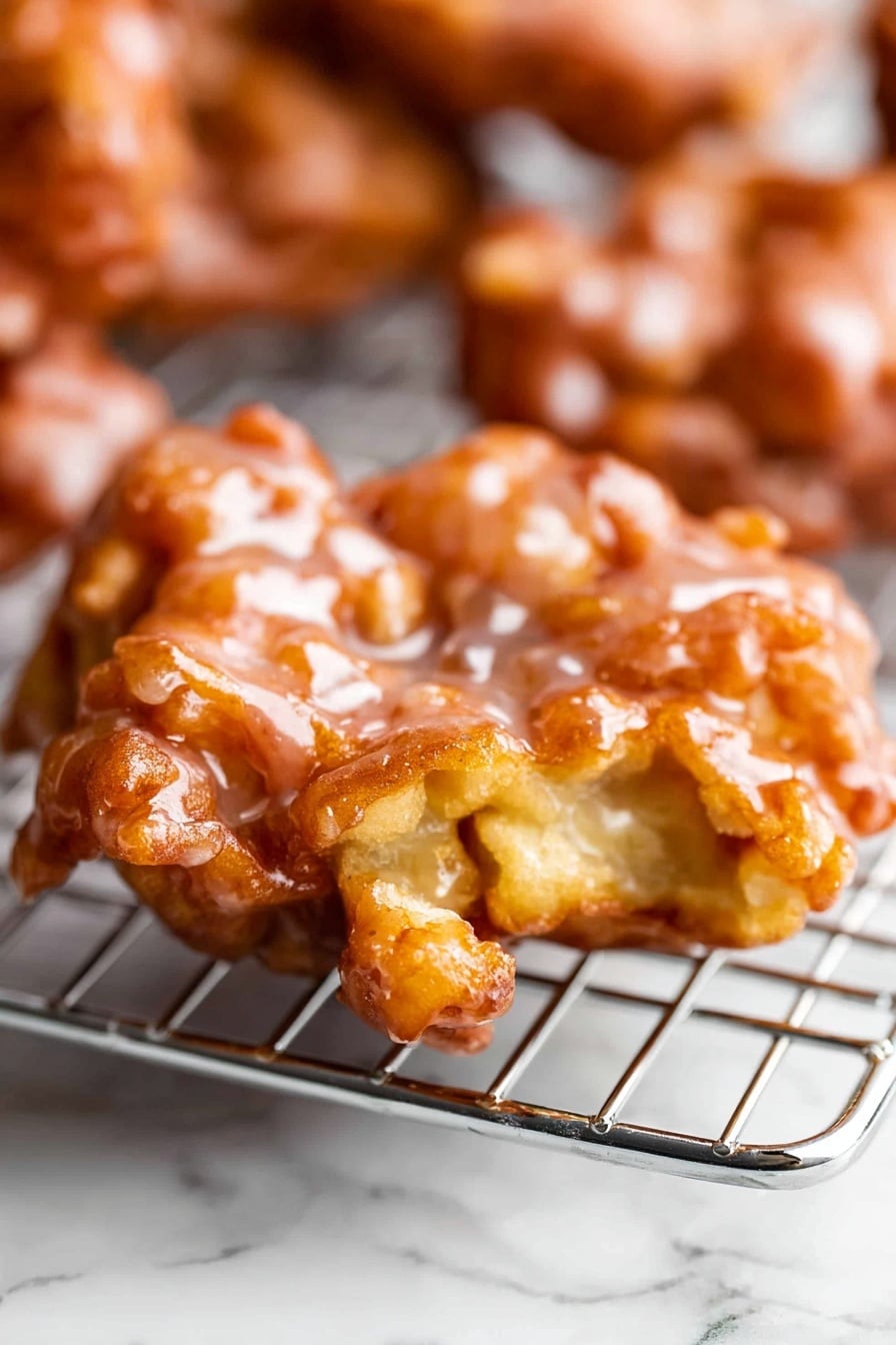 Crispy Apple Fritters with Sweet Vanilla Glaze, apple fritter recipe, easy apple fritters, homemade apple fritters, crunchy apple treats - The image shows a close-up of a single apple fritter resting on a cooling rack over a white marbled surface. The fritter has a rough, uneven shape with a golden-brown color mixed with lighter, glazed areas that give it a shiny, sugary texture. The glaze is unevenly spread over the top, creating a glossy, sticky appearance that catches the light. The fritter's surface looks crispy with small ridges and bumps, while the inside appears soft and moist. In the background, other fritters are blurred but similarly textured. Photo taken with an iphone --ar 2:3 --v 7