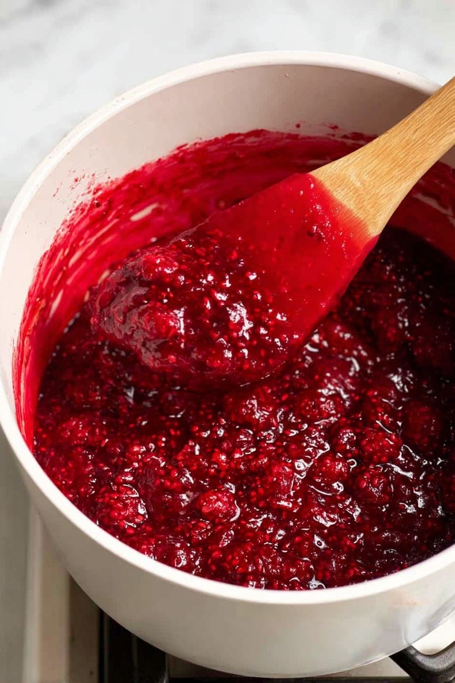 Easy Cranberry Sauce with Orange Juice, cranberry sauce recipes, homemade cranberry sauce, orange-infused cranberry sauce, holiday cranberry sauce - A close-up view of a white pot filled with thick, bright red berry sauce with visible small whole berries and crushed bits mixed together, showing a glossy, somewhat chunky texture. A wooden spatula covered in bright red sauce is held inside the pot, lifting some sauce, adding a natural wood color contrast to the vivid red. The pot is on a stove with a dark metal grate visible under it, and the background is a white marbled surface. photo taken with an iphone --ar 2:3 --v 7