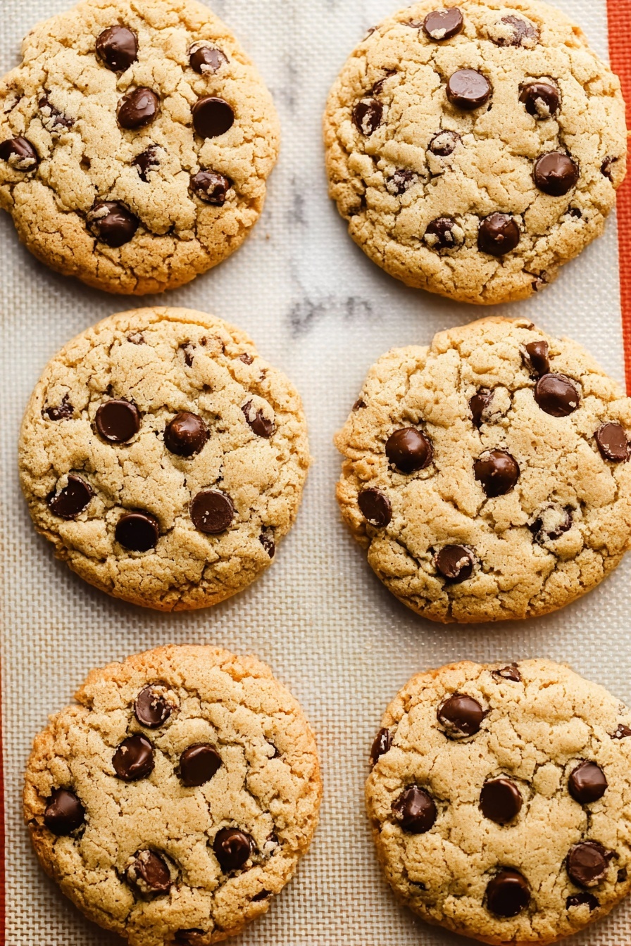 Vegan Gluten-Free Chocolate Chip Cookies, allergy-friendly vegan cookies, dairy-free chocolate chip cookies, healthy gluten-free cookie recipe, plant-based gluten-free treats - Six round chocolate chip cookies with a light golden brown color and slightly cracked surface are placed on a textured white baking mat with a small, grid-like pattern. Each cookie has dark brown chocolate chips that stand out against the light dough. The edges of the cookies are a bit darker and the cookies look soft and chewy with a slightly crisp outer layer. The background outside the baking mat is a smooth white marbled texture. photo taken with an iphone --ar 2:3 --v 7
