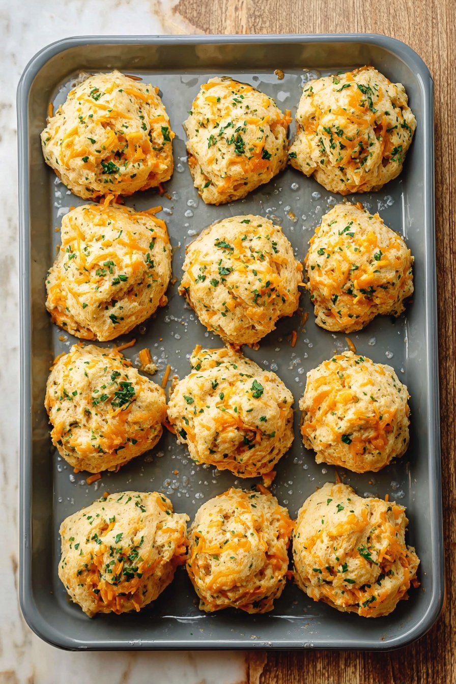 Vegan Cheddar Bay Biscuits, dairy-free cheese biscuits, vegan garlic biscuits, plant-based cheesy biscuits, fluffy vegan biscuit recipe - The image shows a grey baking tray with twelve biscuit-like dough pieces arranged in a loose grid. Each biscuit is a pale golden color mixed with visible bright orange shreds that look like cheese, and they are sprinkled with finely chopped green herbs throughout. The dough pieces have a rough, uneven texture, giving them a homemade feel. The tray has small droplets of moisture around the biscuits, and it is placed on a wooden surface with a white marbled texture. photo taken with an iphone --ar 2:3 --v 7