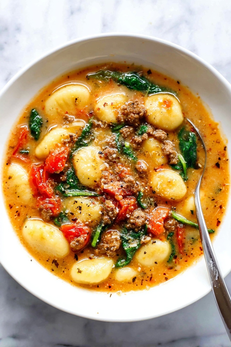 Sausage and Gnocchi Soup, hearty sausage gnocchi soup, easy sausage soup recipes, quick Italian sausage soup, comforting gnocchi recipes - A white bowl filled with a soup that has several layers: at the bottom is a light orange broth with small herbs and spices visible, topped with golden-yellow gnocchi that have a soft and smooth texture. Scattered through the soup are chunks of bright red tomatoes, small pieces of browned ground meat, and green spinach leaves that add a fresh look. A silver spoon is placed inside the bowl, partially resting on the edge. The bowl sits on a surface with a white marbled texture. photo taken with an iphone --ar 2:3 --v 7