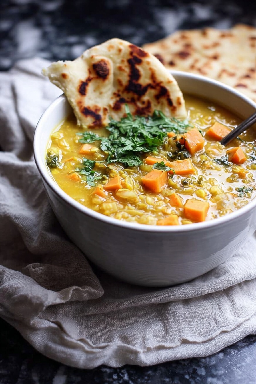 Coconut Sweet Potato Lentil Soup with Rice, healthy comforting soup, vegan curry soup, easy vegetarian lentil soup, hearty coconut potato soup - A white bowl filled with thick yellow soup containing orange cubes, possibly sweet potatoes, with visible grains and green leafy bits mixed in. On one side of the bowl, a piece of flatbread with brown roasted spots leans against the bowl, and some fresh green herbs rest on top of the soup. The bowl sits on a light, crumpled cloth over a dark surface with a white marbled texture in the background. Photo taken with an iphone --ar 2:3 --v 7