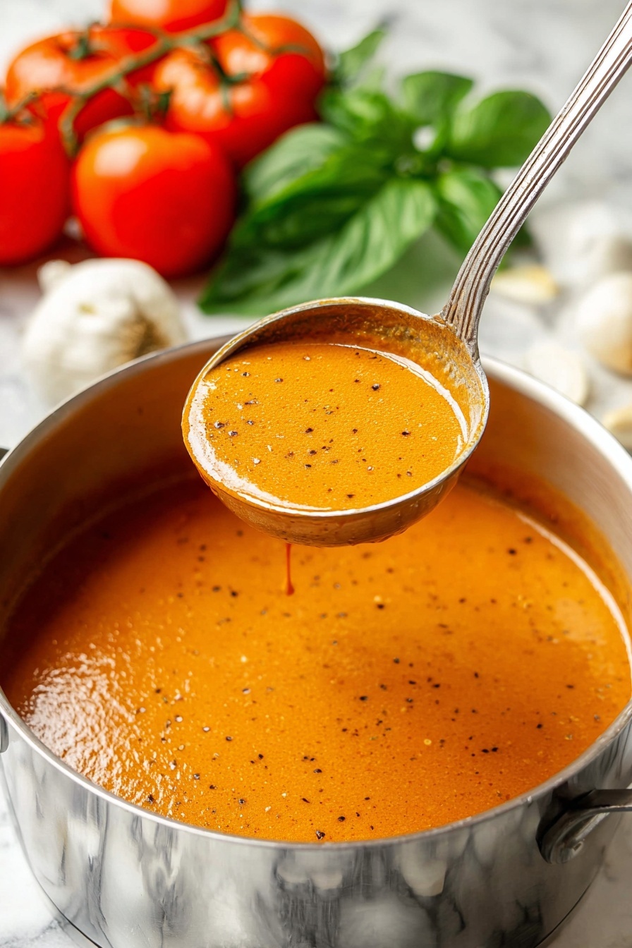 Easy Tomato Basil Soup, Tomato Basil Soup, Homemade Tomato Soup, Fresh Basil Soup, Simple Tomato Soup Recipe - A shiny silver pot filled with smooth, rich orange soup speckled with black pepper bits. A metal ladle is lifting some thick soup out of the pot, showing its creamy texture. In the background, there are bright red tomatoes on the vine, white garlic bulbs, and fresh green basil leaves. The pot is placed on a white marbled surface. photo taken with an iphone --ar 2:3 --v 7