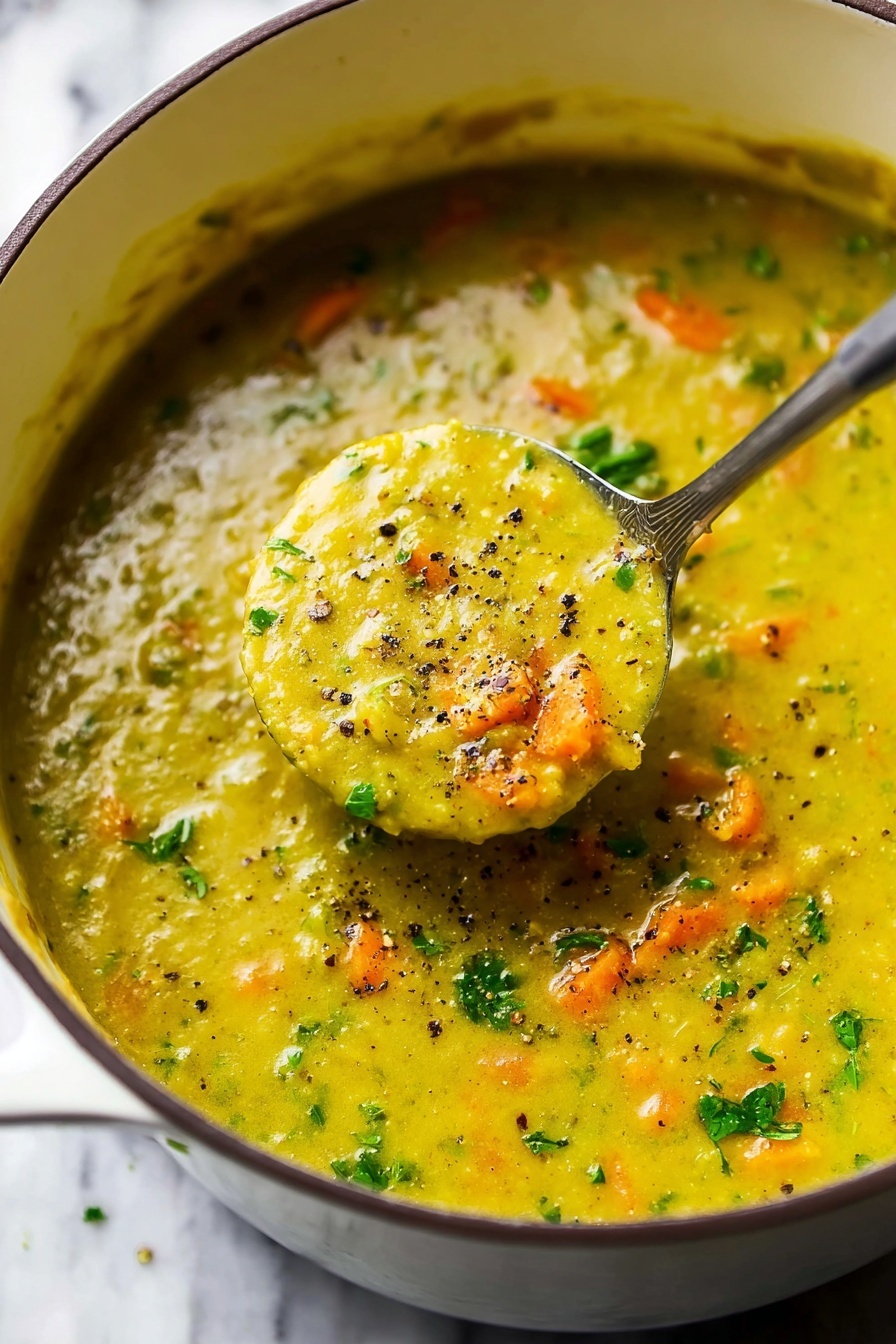 Split Pea Soup with Ham, hearty split pea soup, ham and pea soup, comforting soup recipes, easy ham and pea soup - A close-up view of a thick yellow-green soup inside a white pot with a dark rim. The soup has small orange carrot pieces and some green herbs mixed throughout, sprinkled with black pepper on top. A metal butter knife is lifting some soup in the center, showing its creamy but slightly chunky texture. The background features a white marbled surface. photo taken with an iphone --ar 2:3 --v 7