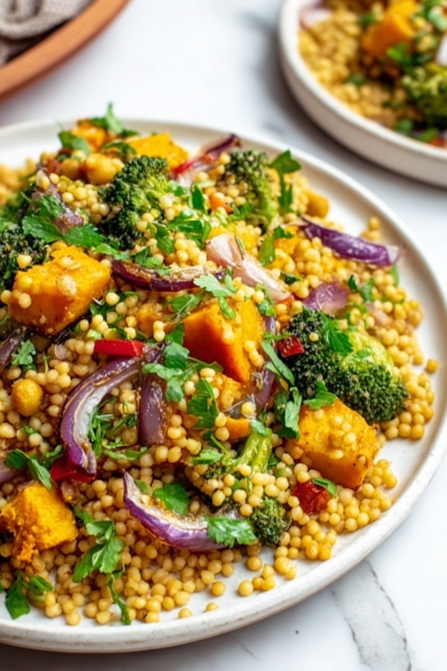 Roasted Pumpkin Couscous Salad, Vegetable and Cranberry Salad, Fall Vegetable Salad Recipe, Healthy Pumpkin Salad, Easy Couscous Salad - A white plate holds a colorful couscous salad with three main layers: the base layer is small, round golden couscous grains, mixed evenly throughout the dish; the second layer includes bright green broccoli pieces and fresh green herbs, scattered over and inside the couscous; the top layer shows chunks of orange pumpkin, thin slices of purple onion, and occasional red pepper pieces, all mixed together. The plate rests on a white marbled surface with soft natural light highlighting the textures and colors. A glimpse of a second white plate with more of the same salad is visible in the bottom right corner. photo taken with an iphone --ar 2:3 --v 7