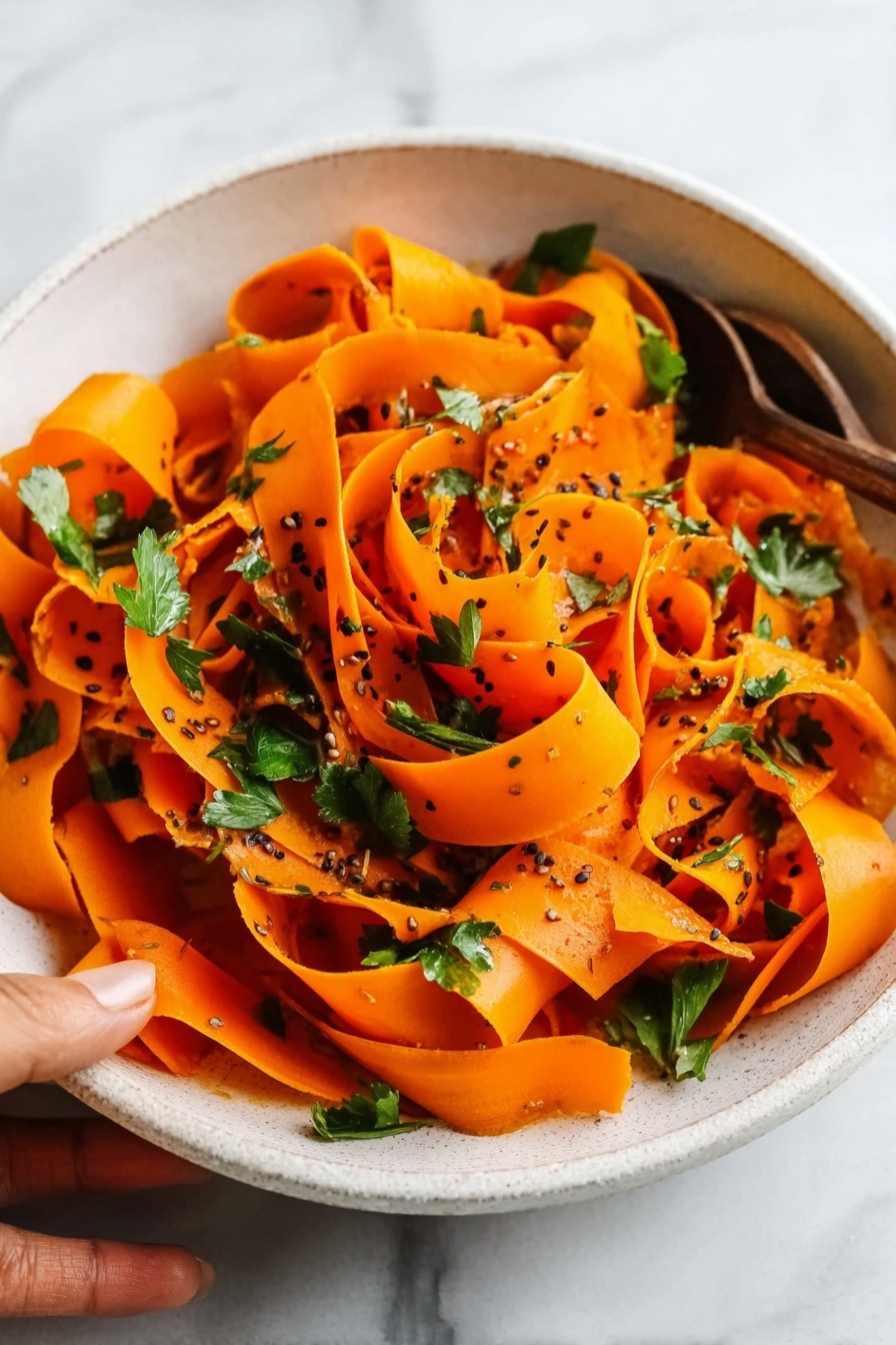 Raw Carrot Salad with Balsamic-Vinegar Dressing and Fresh Herbs, healthy carrot salad, quick veggie side dish, fresh herb salad, vegan carrot salad - A white bowl filled with thin, wide carrot ribbons layered in a loose swirl, showing their bright orange color and smooth texture. These carrot ribbons are mixed with small green parsley leaves scattered evenly on top. Tiny black and white seeds are sprinkled over the carrots, adding contrast and a slight texture variation. The bowl rests on a white marbled surface, and a woman's hand is seen near the bowl, gently touching it. photo taken with an iphone --ar 2:3 --v 7