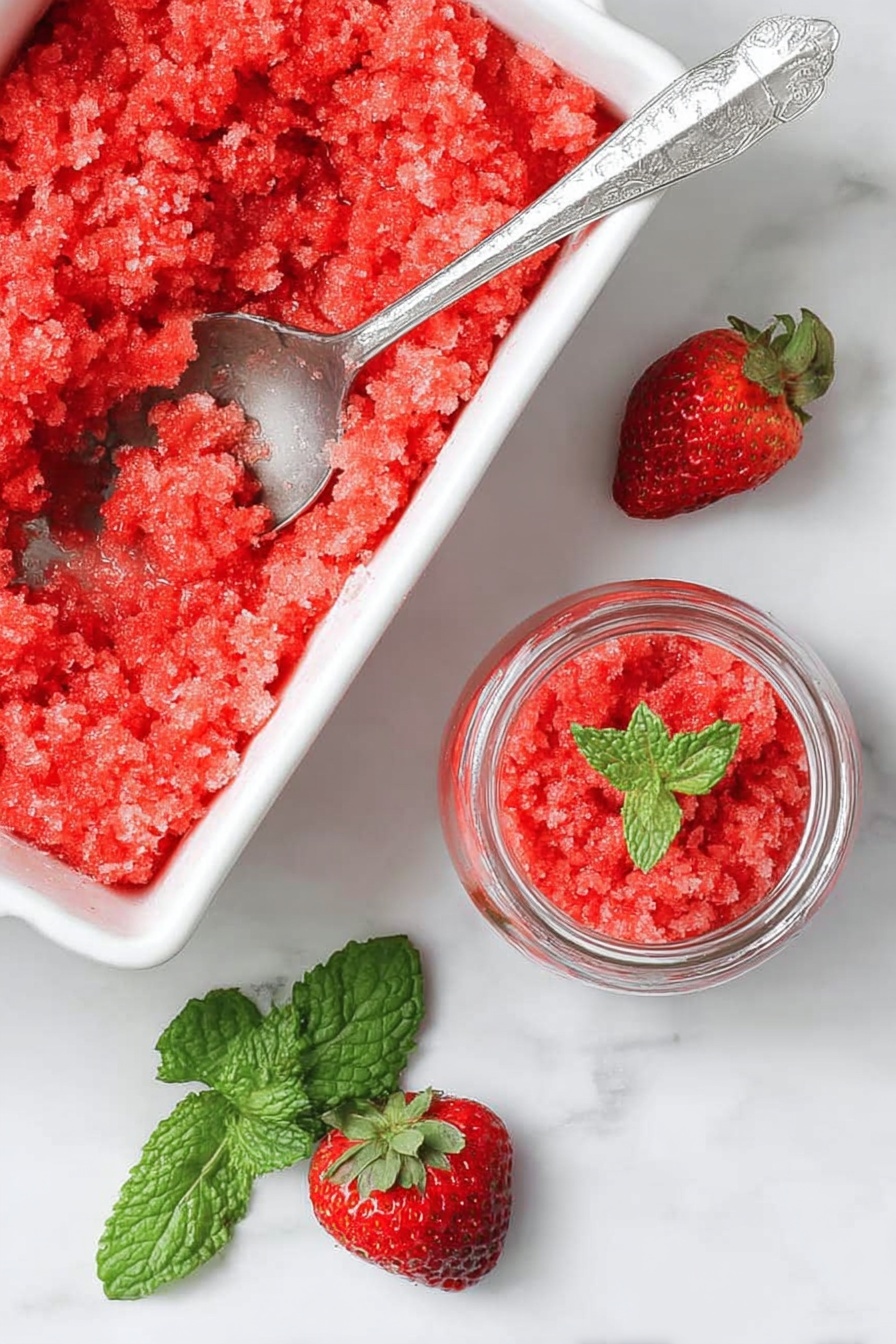 Strawberry Sorbet with Mint, Refreshing strawberry sorbet, Homemade fruit sorbet, Summer dessert recipes, Mint flavored frozen treat - A top view of a bright red strawberry granita with a rough, icy texture in a white rectangular dish on a white marbled surface, showing a silver spoon inside catching some granita. Nearby, three fresh strawberries with green leaves are placed on the white marbled background. A small clear glass jar filled with the same red granita is also present, with a silver spoon sticking out. A small bunch of green mint leaves adds a fresh touch near the jar. photo taken with an iphone --ar 2:3 --v 7
