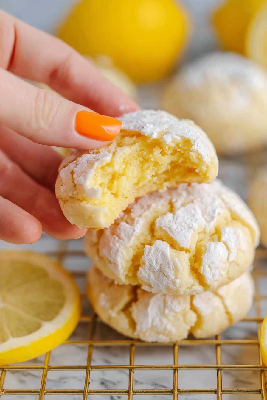 Lemon Crinkle Cookies, Lemon Cookies, Citrus Cookies, Easy Lemon Cookies, Soft Lemon Cookies - A close-up image shows a woman's hand with orange nail polish holding a lemon cookie with a bite taken out of it, revealing its soft yellow inside. The cookie has a cracked top covered lightly with white powdered sugar. Underneath are more similar cookies stacked on a gold cooling rack. Around the rack are bright yellow lemon halves placed on a white marbled surface, adding fresh color to the scene. The photo taken with an iphone --ar 2:3 --v 7