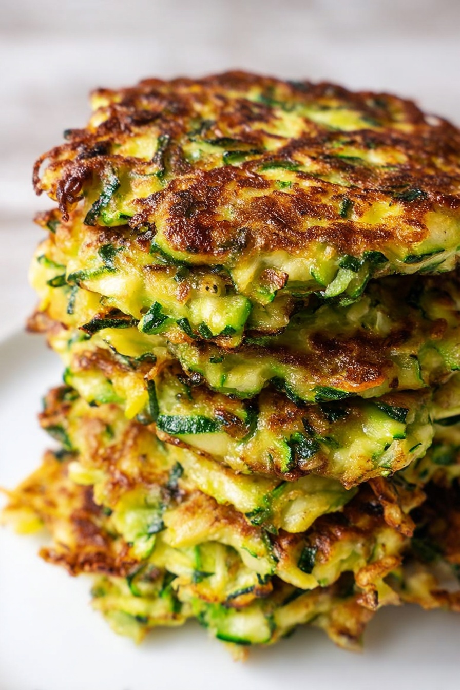 Vegan Zucchini Fritters, vegan vegetable fritters, healthy zucchini snacks, crispy vegan fritters, quick vegan meal - A stack of six round zucchini fritters sits closely together on a white plate, showing a mix of green zucchini shreds and light yellow cooked batter with uneven, browned patches on top. The texture looks crispy at the edges and soft inside, with some bits of green herbs visible throughout. The fritters have an uneven, slightly rough surface and are thick but not very tall. The background is a white marbled texture. photo taken with an iphone --ar 2:3 --v 7