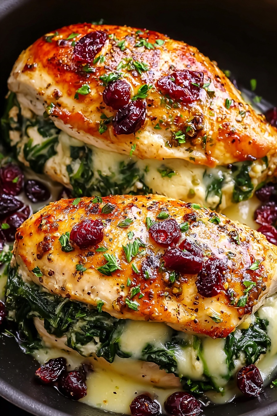 Cranberry & Spinach Stuffed Chicken Breasts with Brie, stuffed chicken breast recipes, easiest stuffed chicken, elegant chicken dinner ideas, quick holiday chicken dishes - The dish shows two pieces of golden brown cooked chicken breasts placed side by side in a dark pan. Each chicken piece is sliced open and stuffed with bright green cooked spinach and melted pale yellow cheese. Small red dried cranberries are scattered on top of the chicken and around it inside the pan. Tiny bits of chopped green herbs are sprinkled over the chicken, adding fresh color. The chicken surface looks shiny with a seasoned, slightly crispy texture. photo taken with an iphone --ar 2:3 --v 7